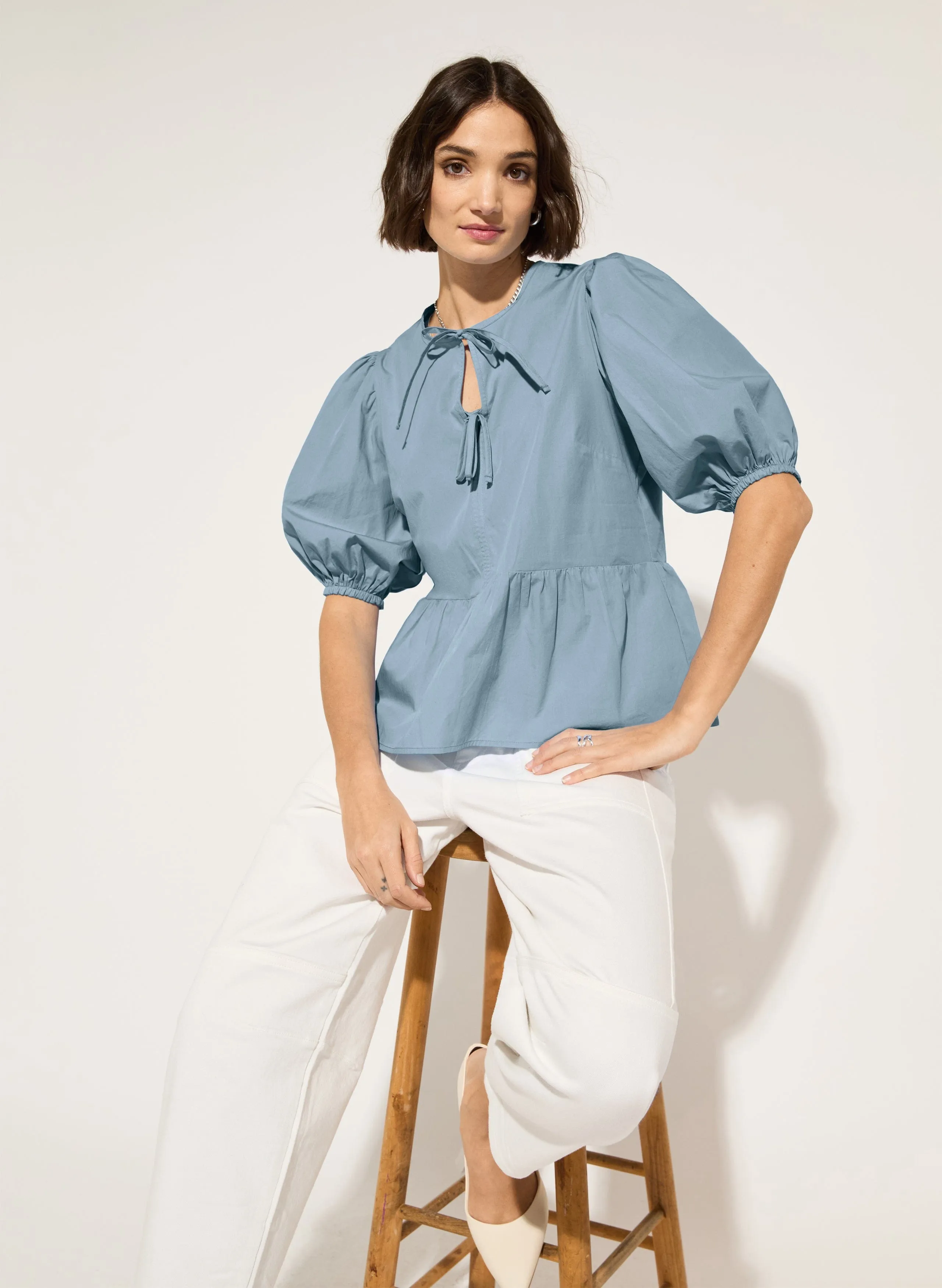 Azura Organic Cotton Tie Detail Blouse | Fresh Blue