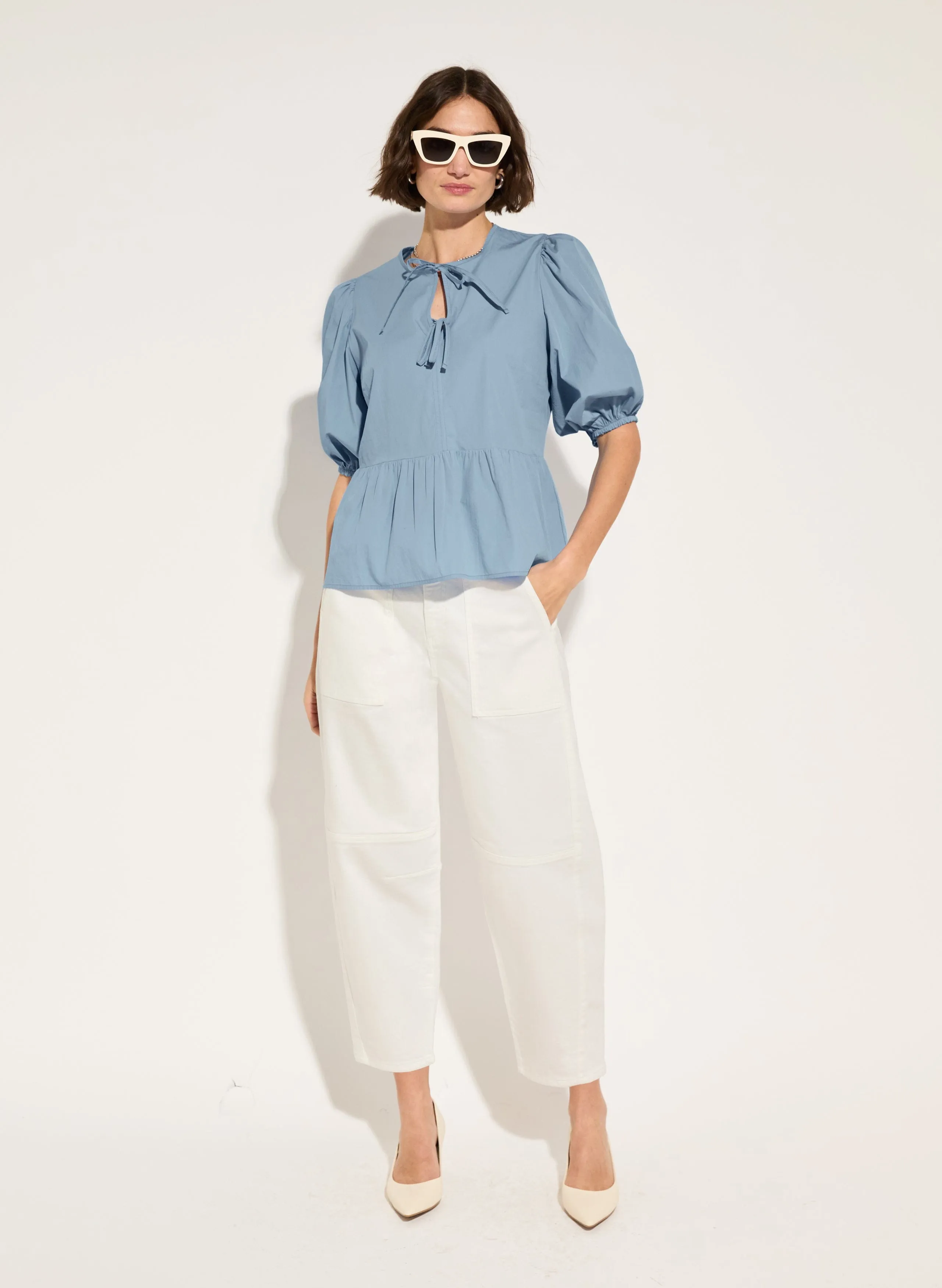 Azura Organic Cotton Tie Detail Blouse | Fresh Blue