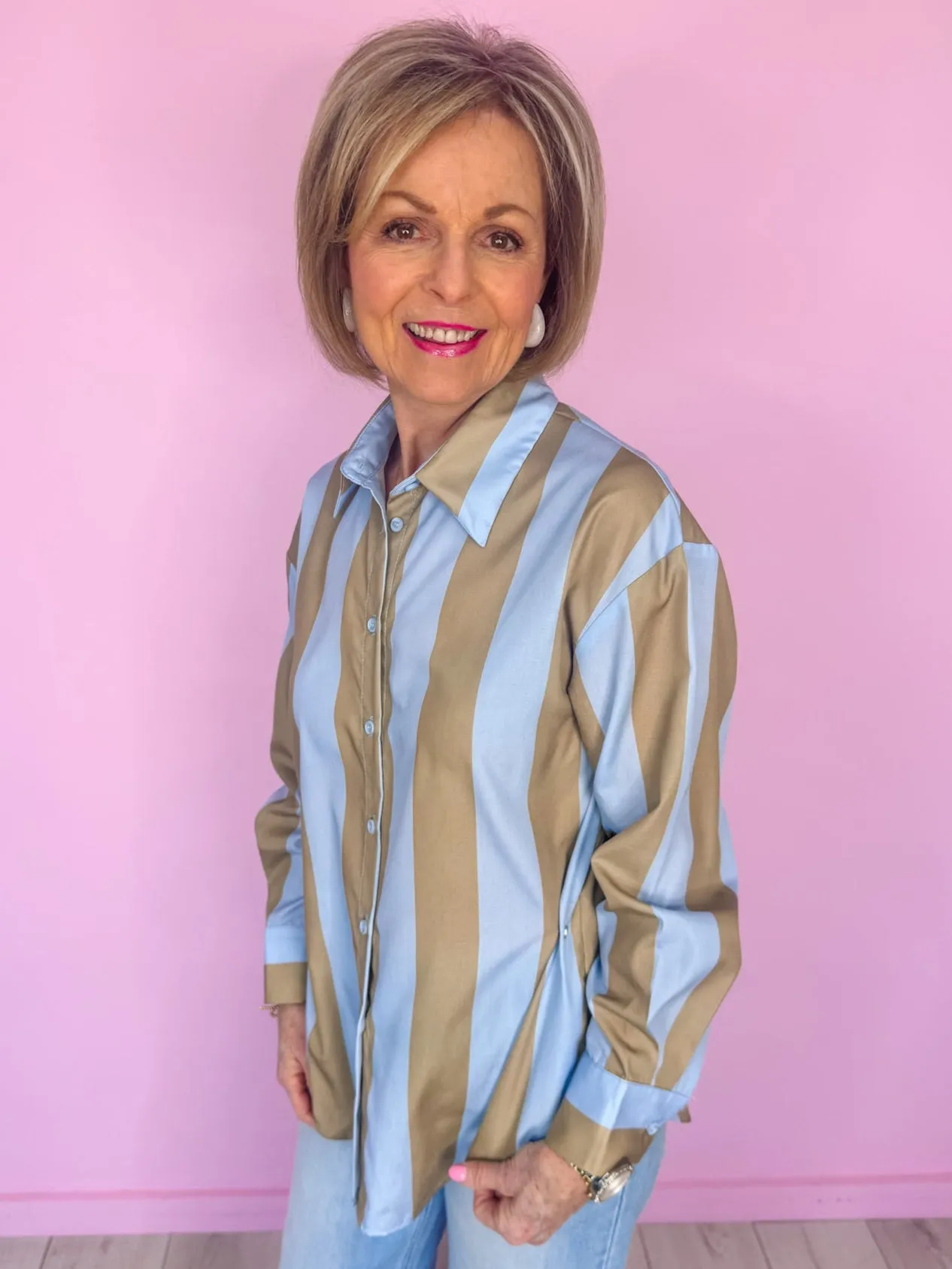 BE BOLD STRIPE BUTTON UP TOP - BLUE