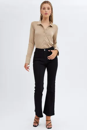 Black Flare Jeans Mid Rise Pintuck