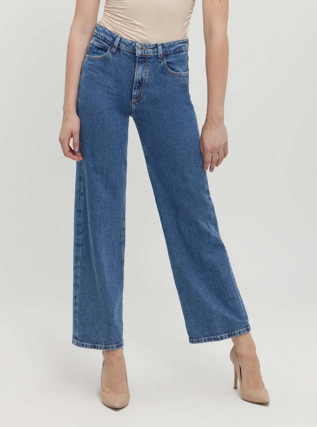Blue Wide Leg Denim Jeans in Mid Wash