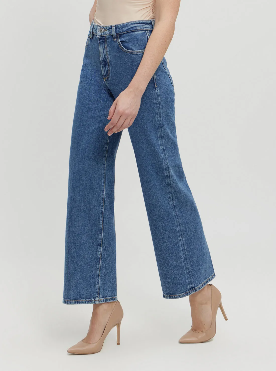 Blue Wide Leg Denim Jeans in Mid Wash