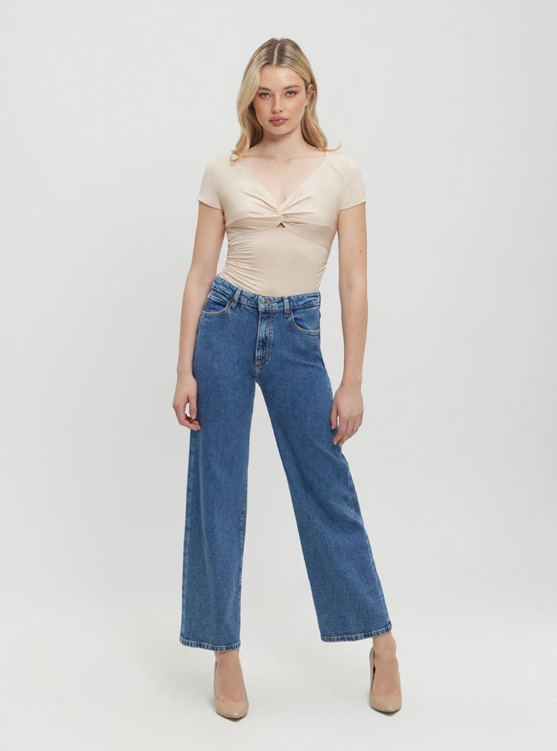 Blue Wide Leg Denim Jeans in Mid Wash