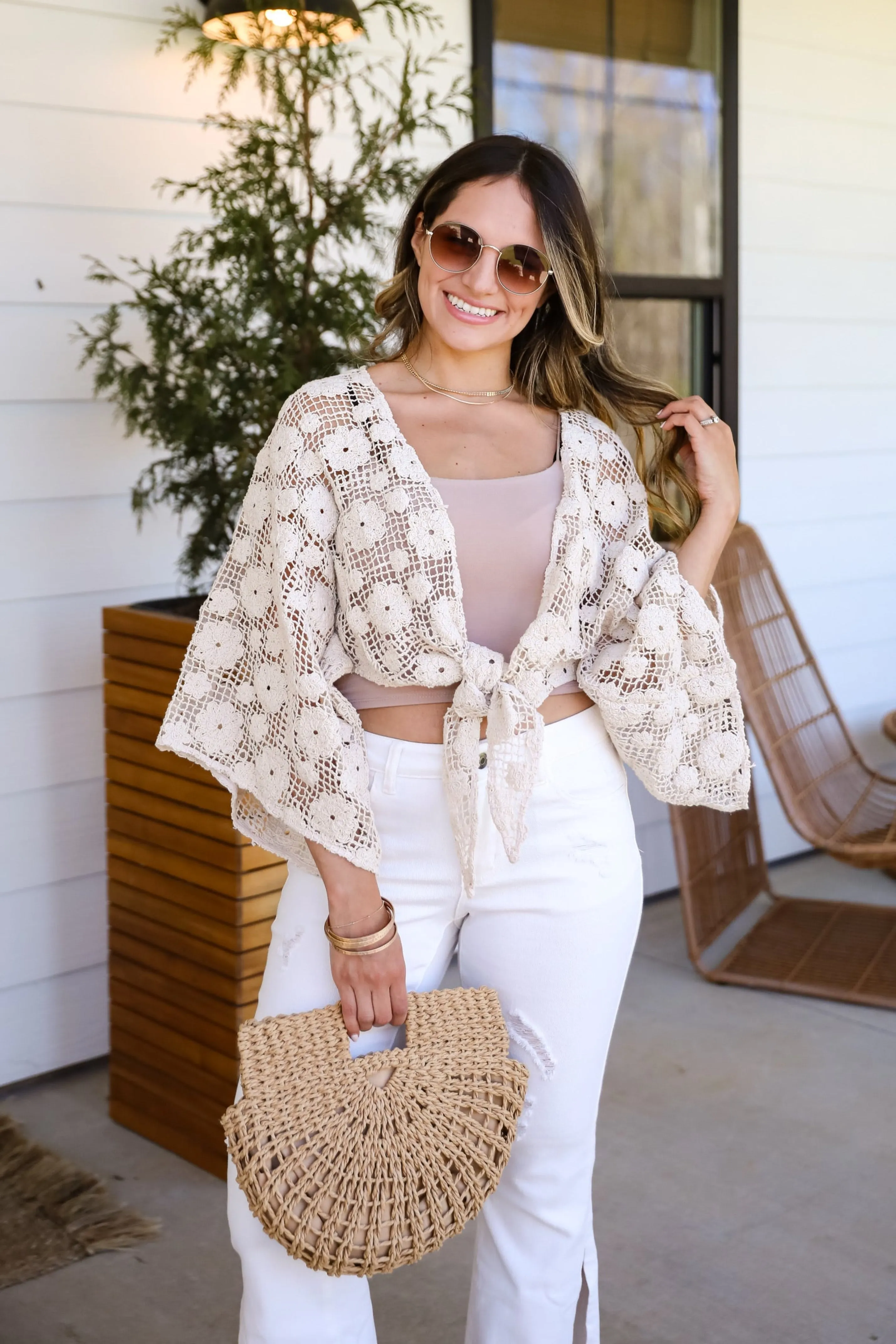 Breezy Demeanor Natural Floral Crochet Tie-Front Top