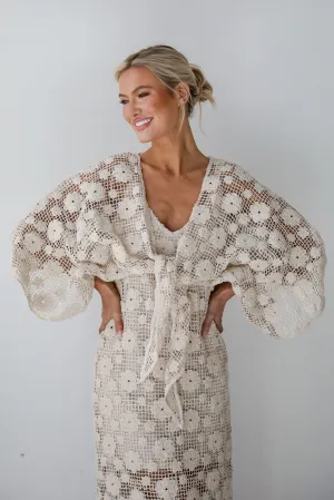 Breezy Demeanor Natural Floral Crochet Tie-Front Top