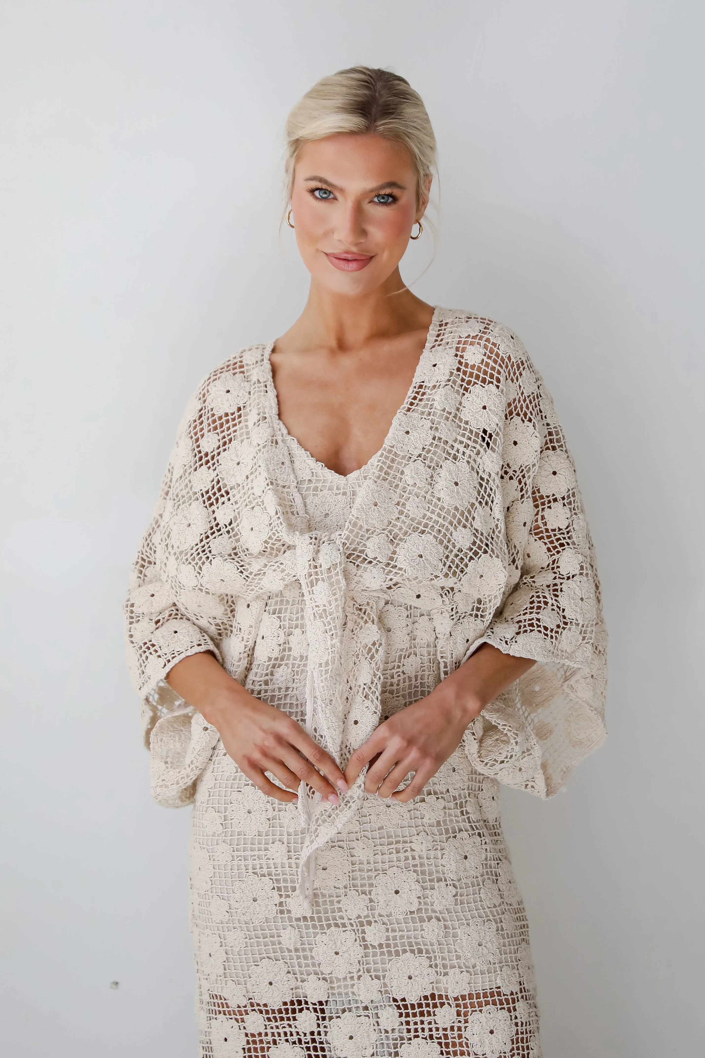 Breezy Demeanor Natural Floral Crochet Tie-Front Top