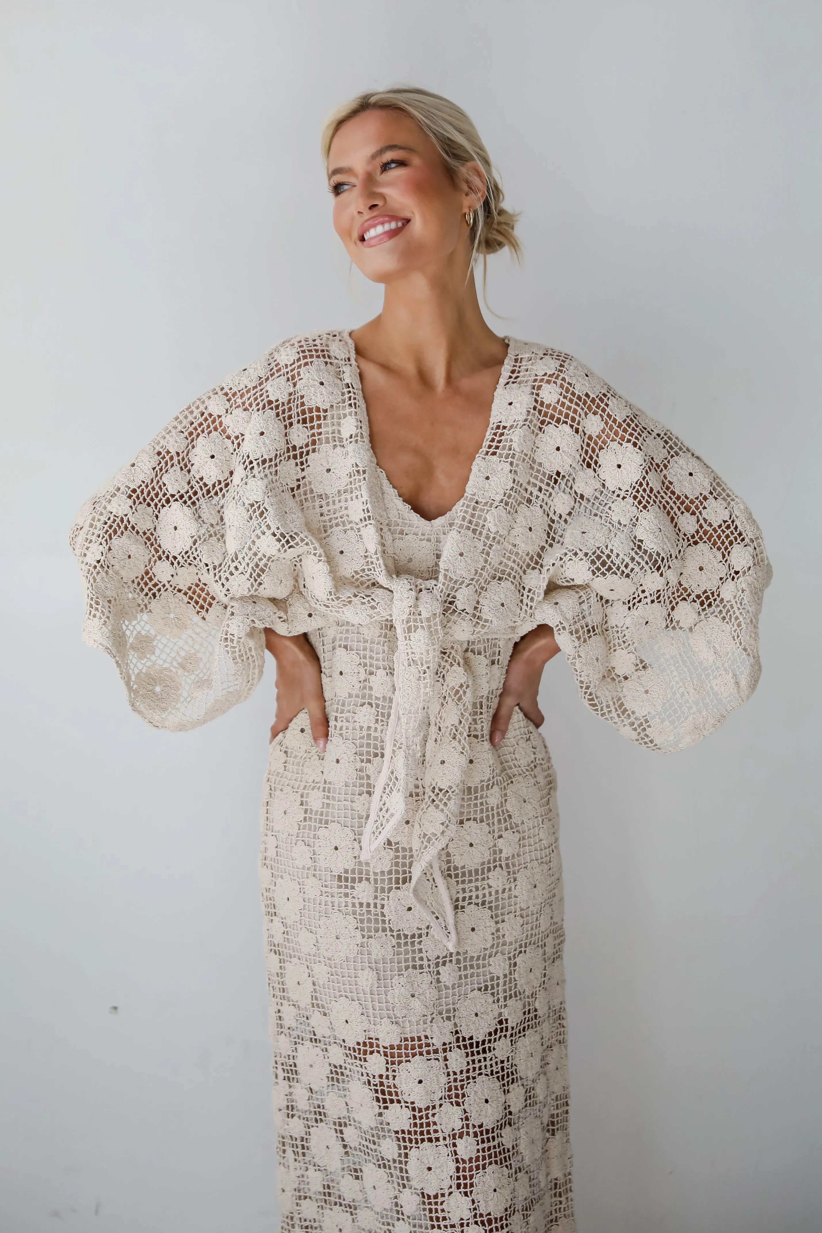 Breezy Demeanor Natural Floral Crochet Tie-Front Top