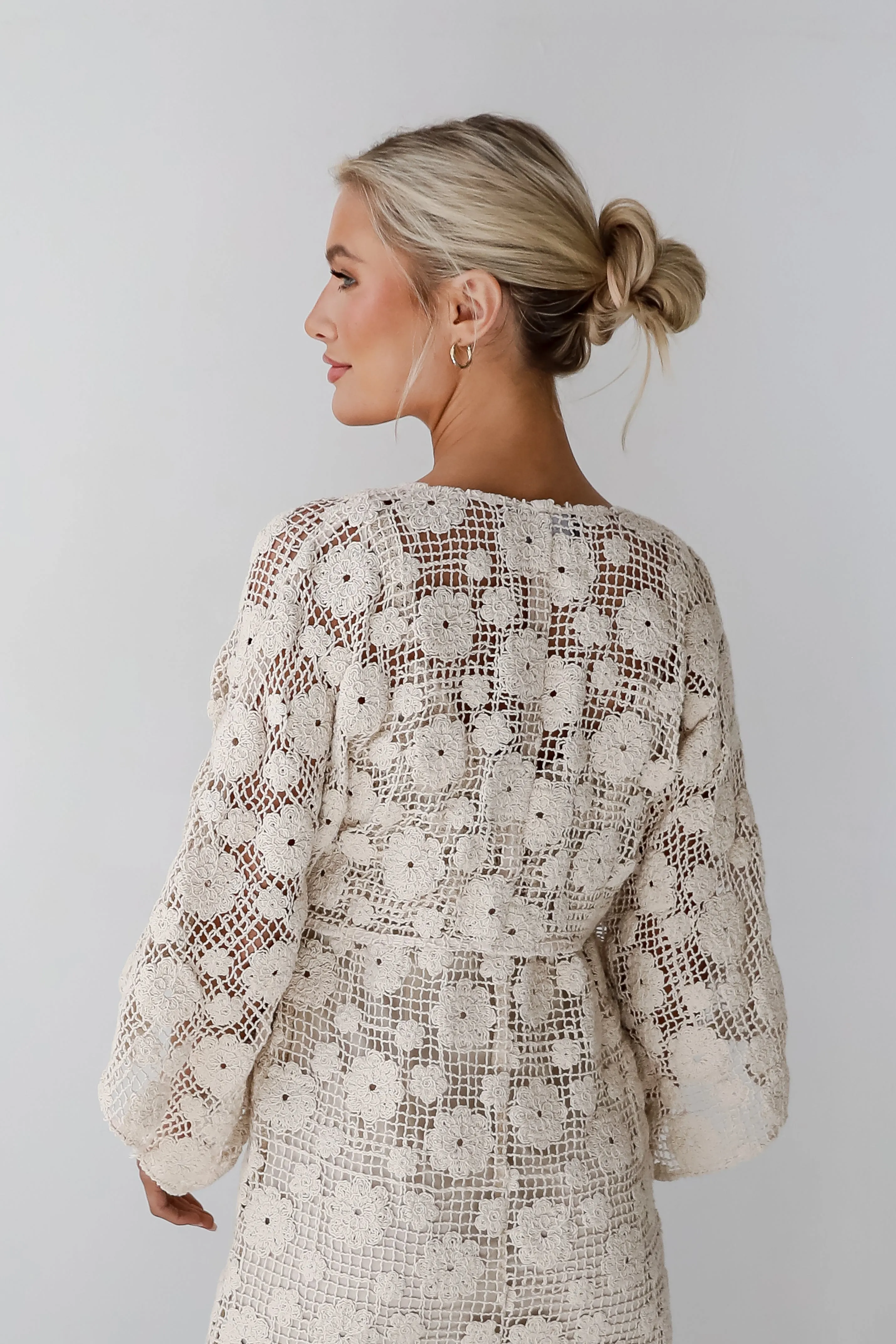 Breezy Demeanor Natural Floral Crochet Tie-Front Top