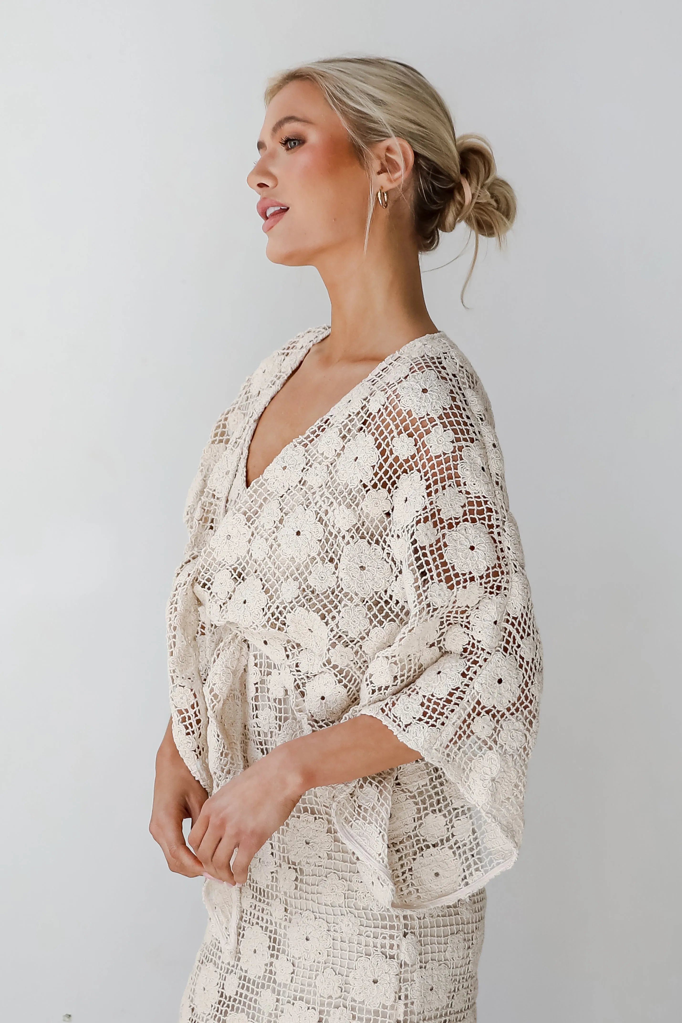 Breezy Demeanor Natural Floral Crochet Tie-Front Top
