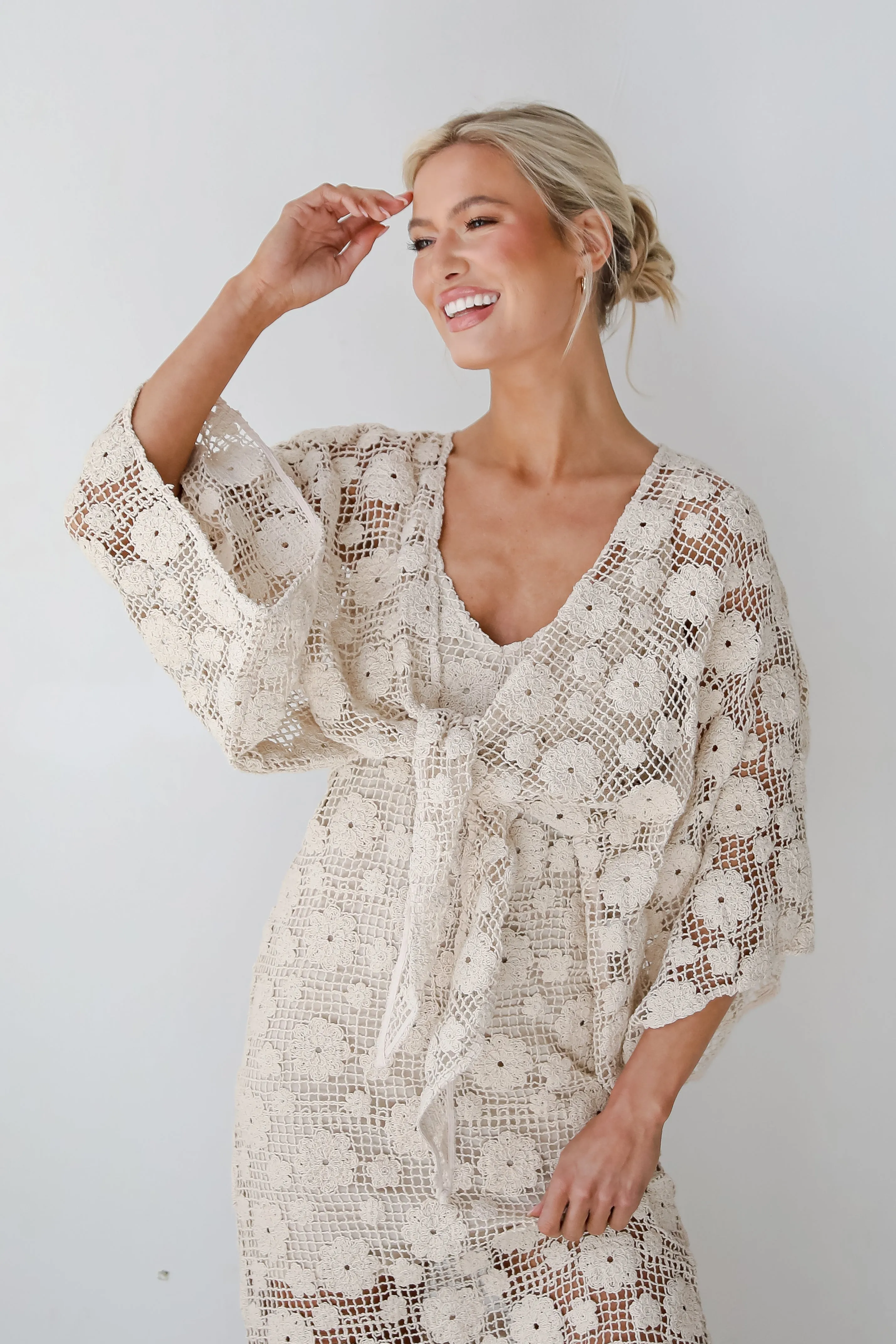Breezy Demeanor Natural Floral Crochet Tie-Front Top