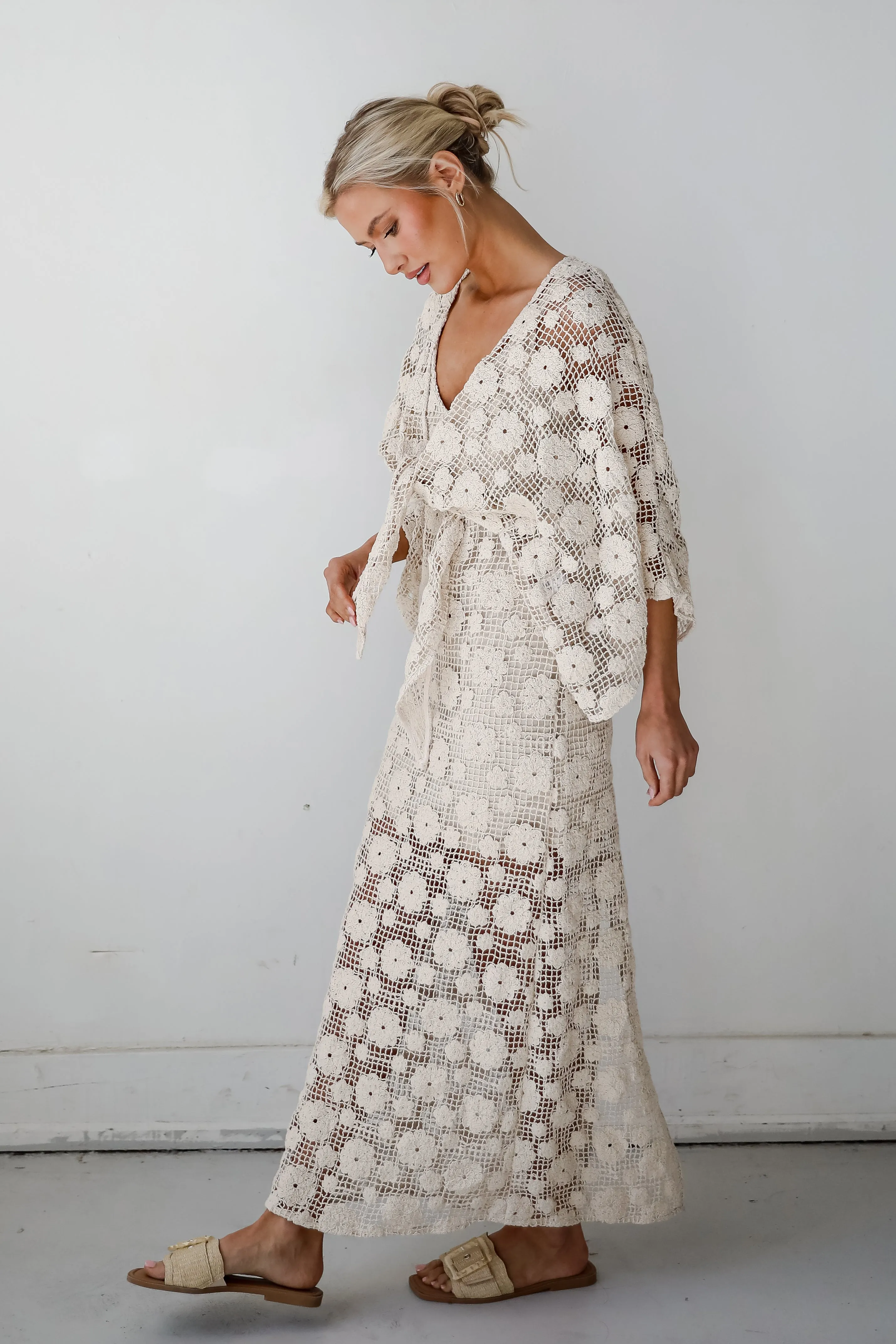 Breezy Demeanor Natural Floral Crochet Tie-Front Top