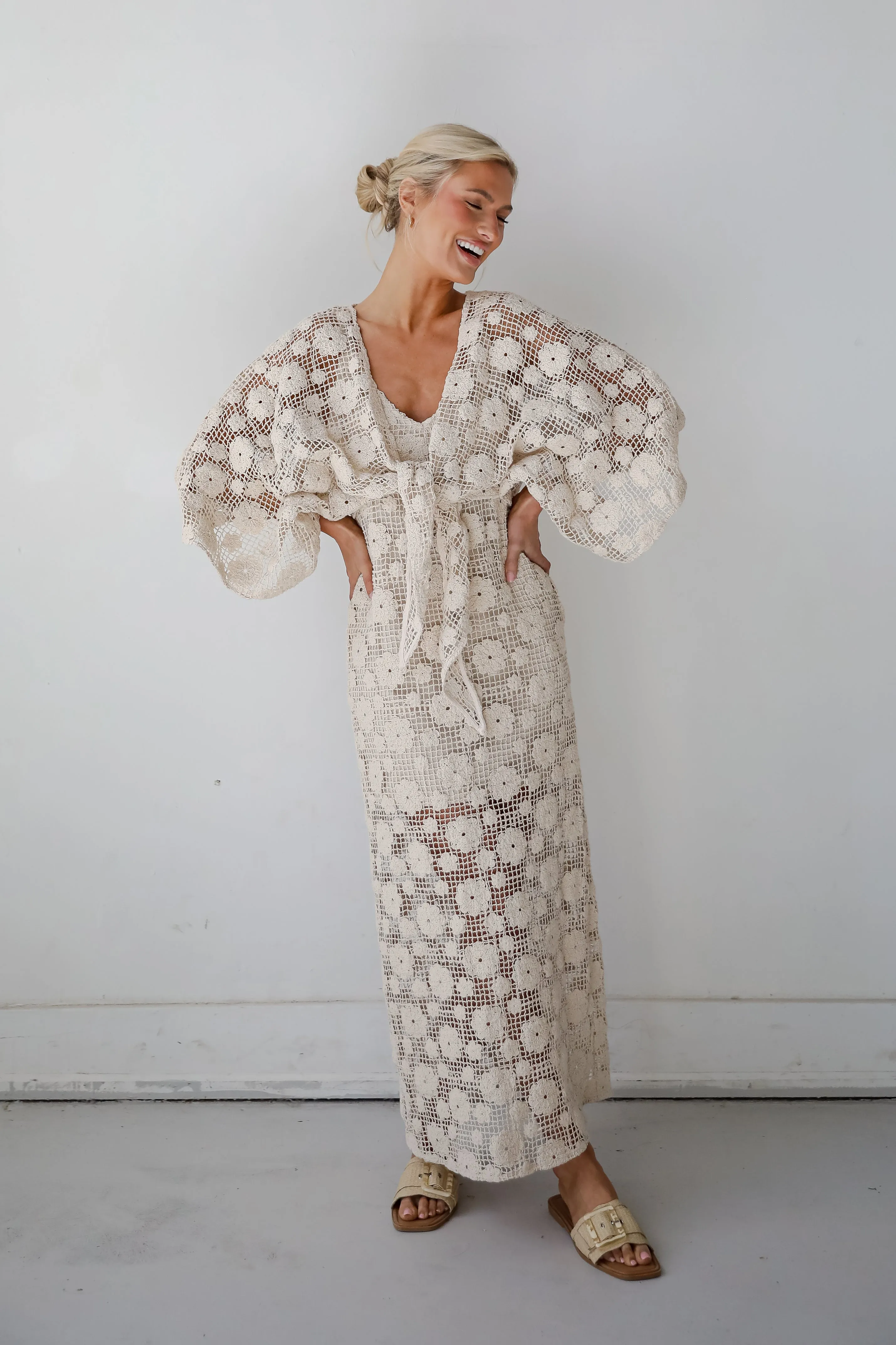 Breezy Demeanor Natural Floral Crochet Tie-Front Top