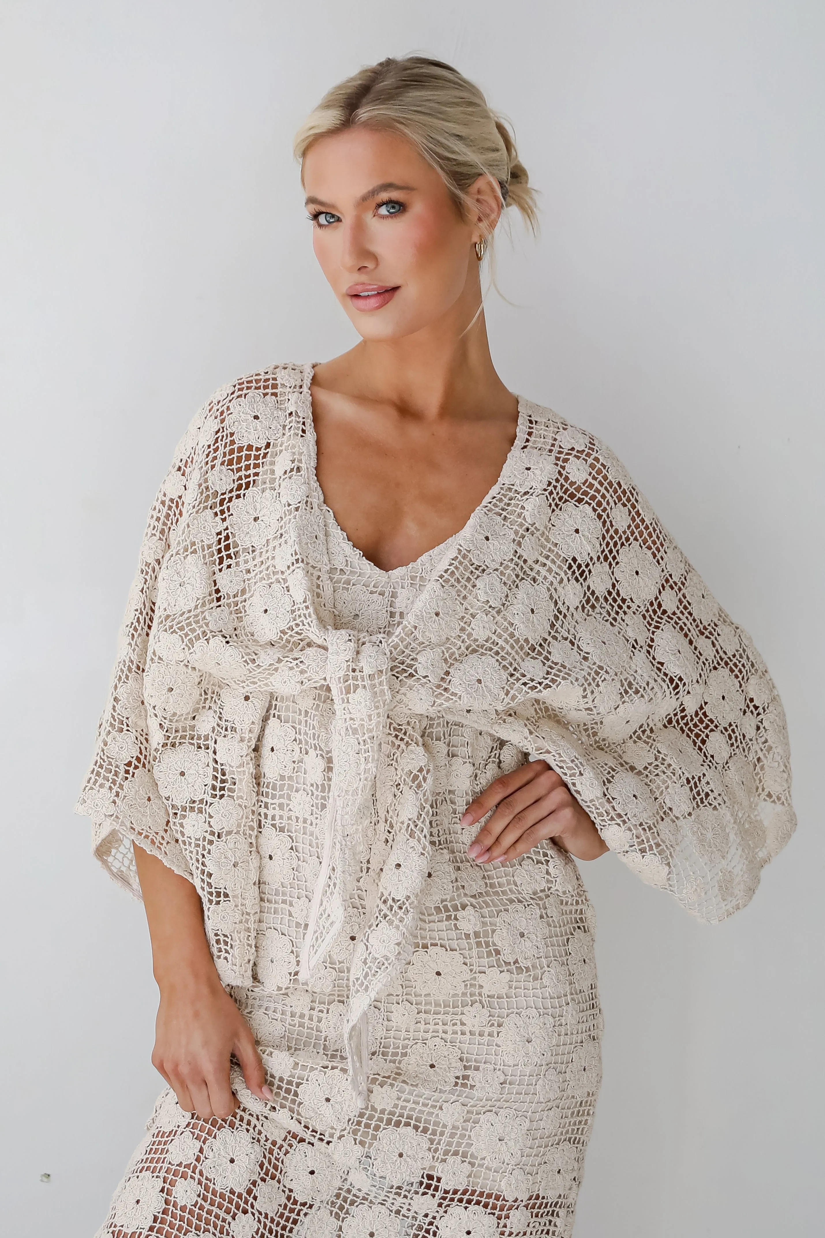 Breezy Demeanor Natural Floral Crochet Tie-Front Top