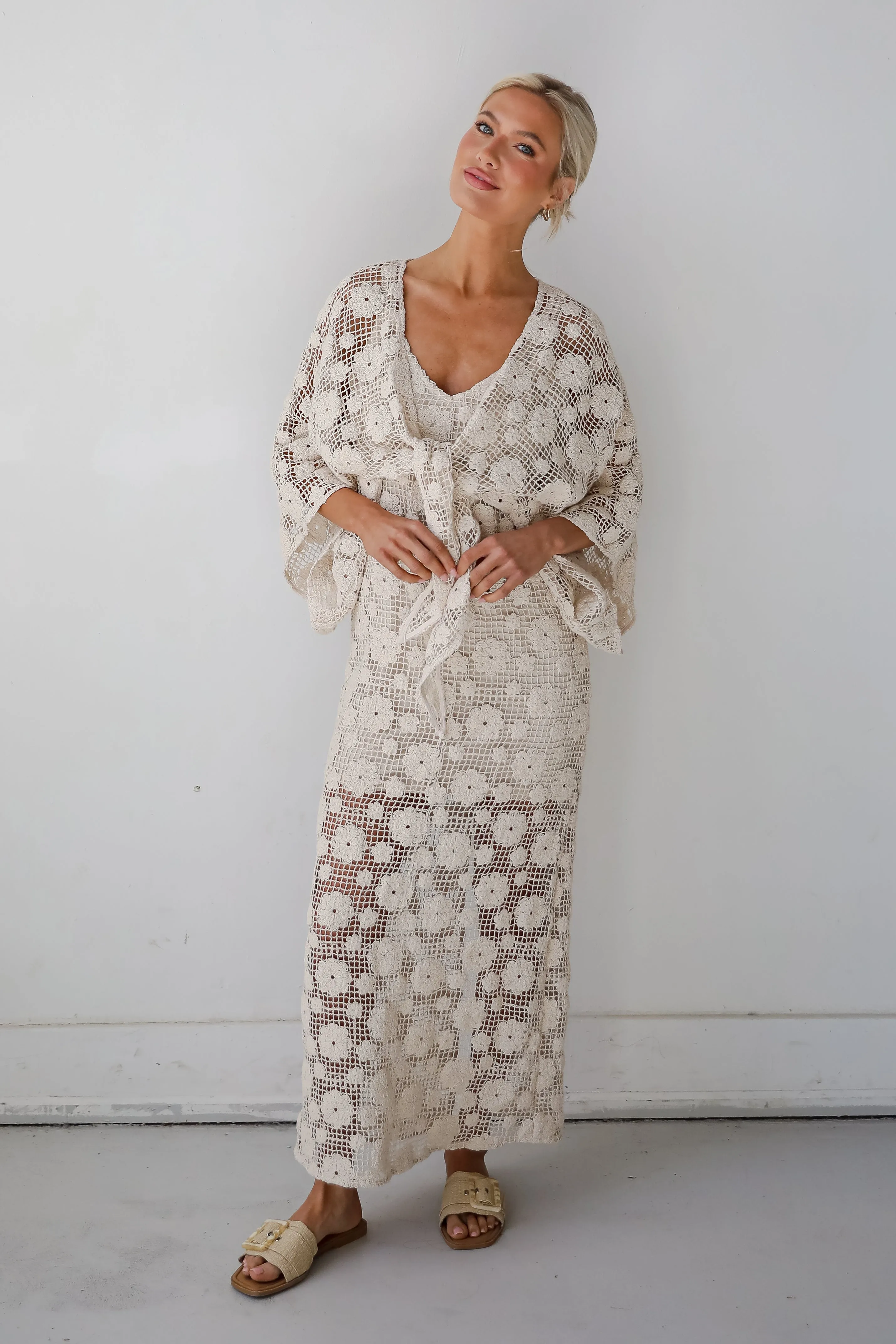 Breezy Demeanor Natural Floral Crochet Tie-Front Top
