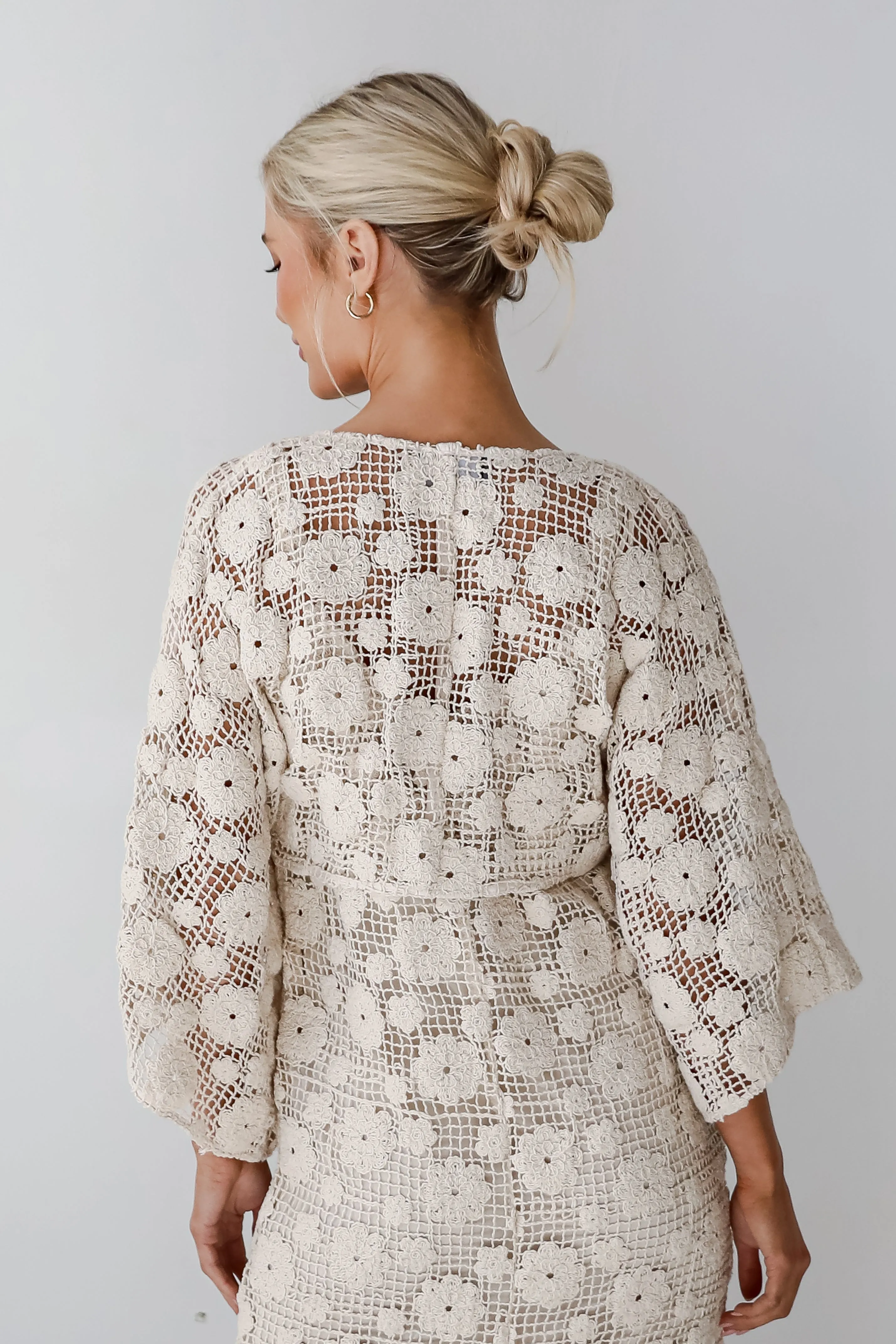 Breezy Demeanor Natural Floral Crochet Tie-Front Top