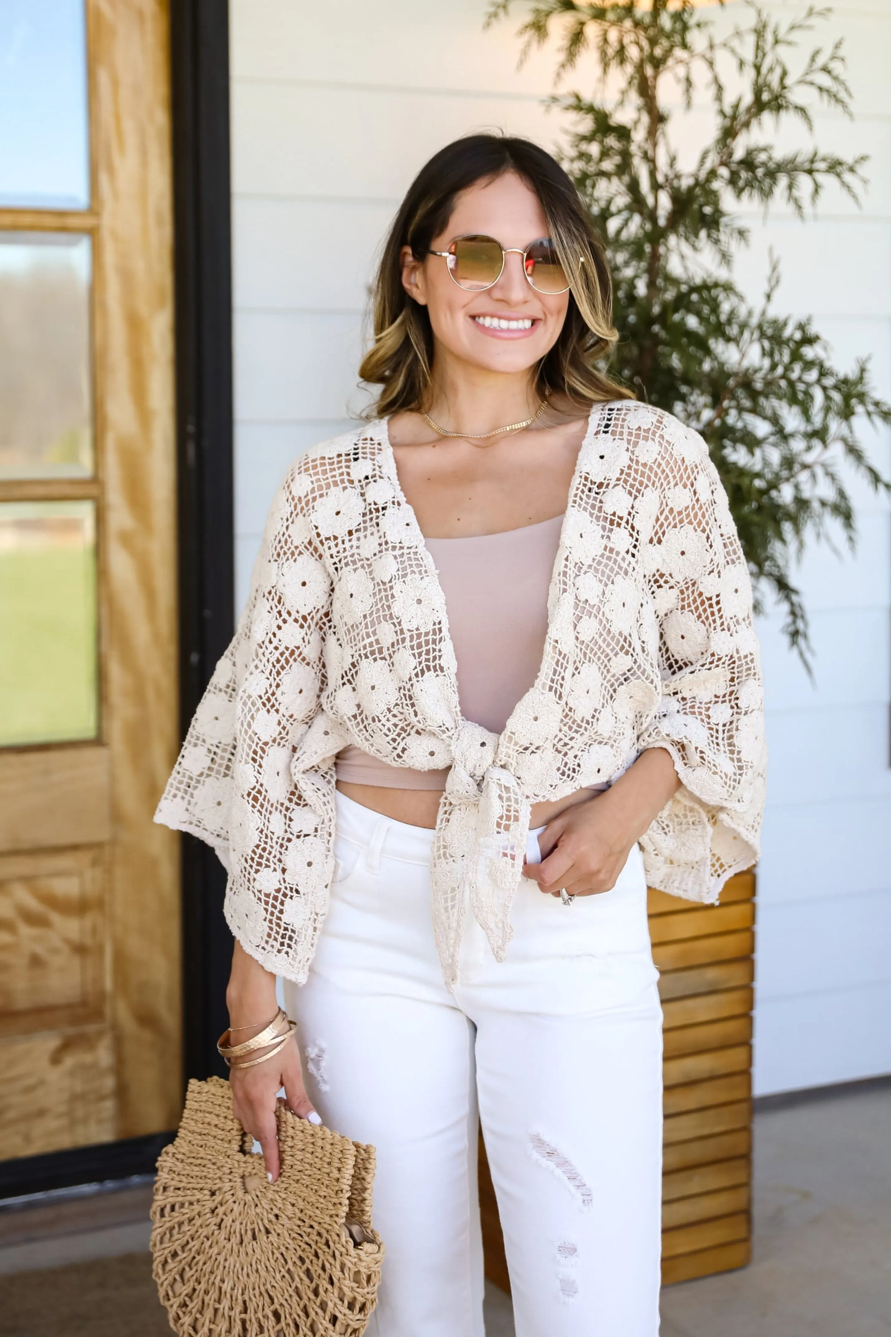 Breezy Demeanor Natural Floral Crochet Tie-Front Top
