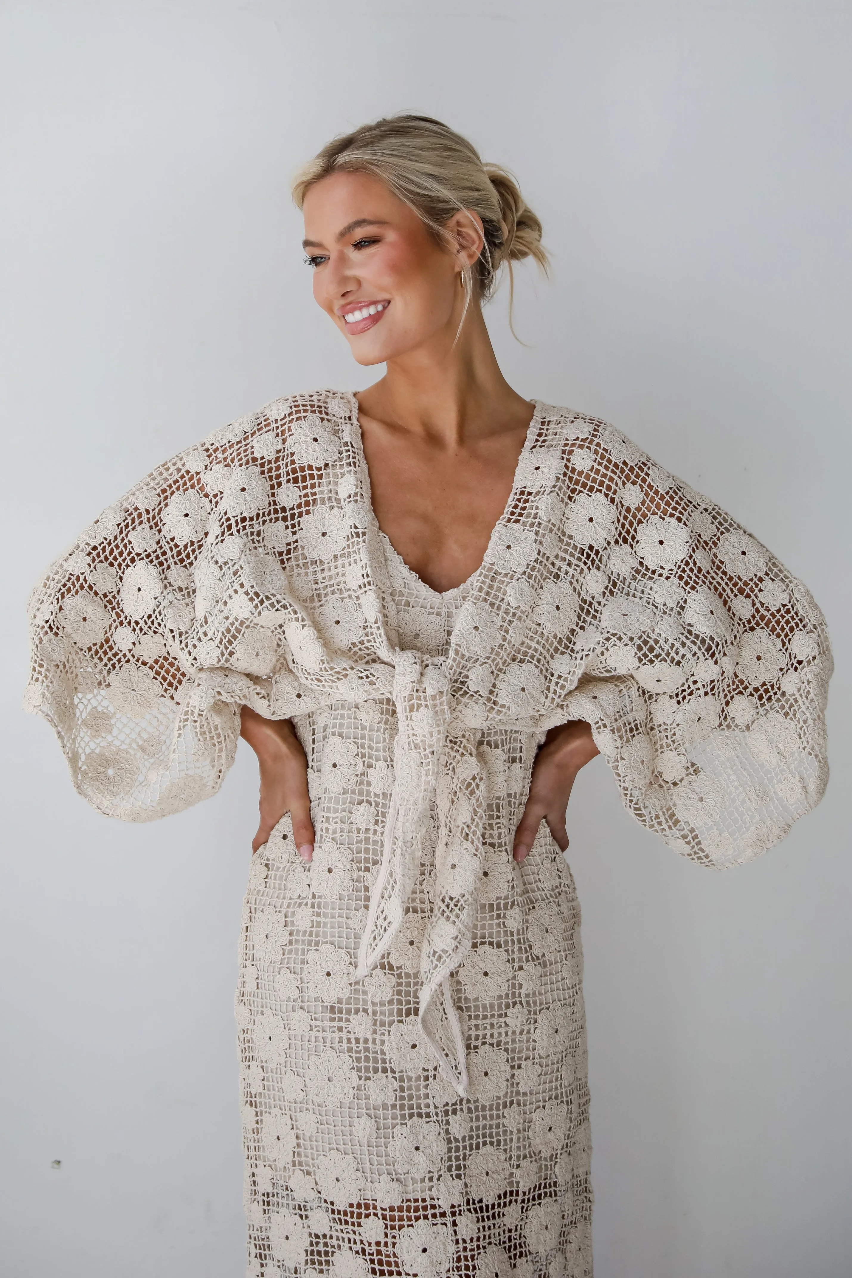 Breezy Demeanor Natural Floral Crochet Tie-Front Top
