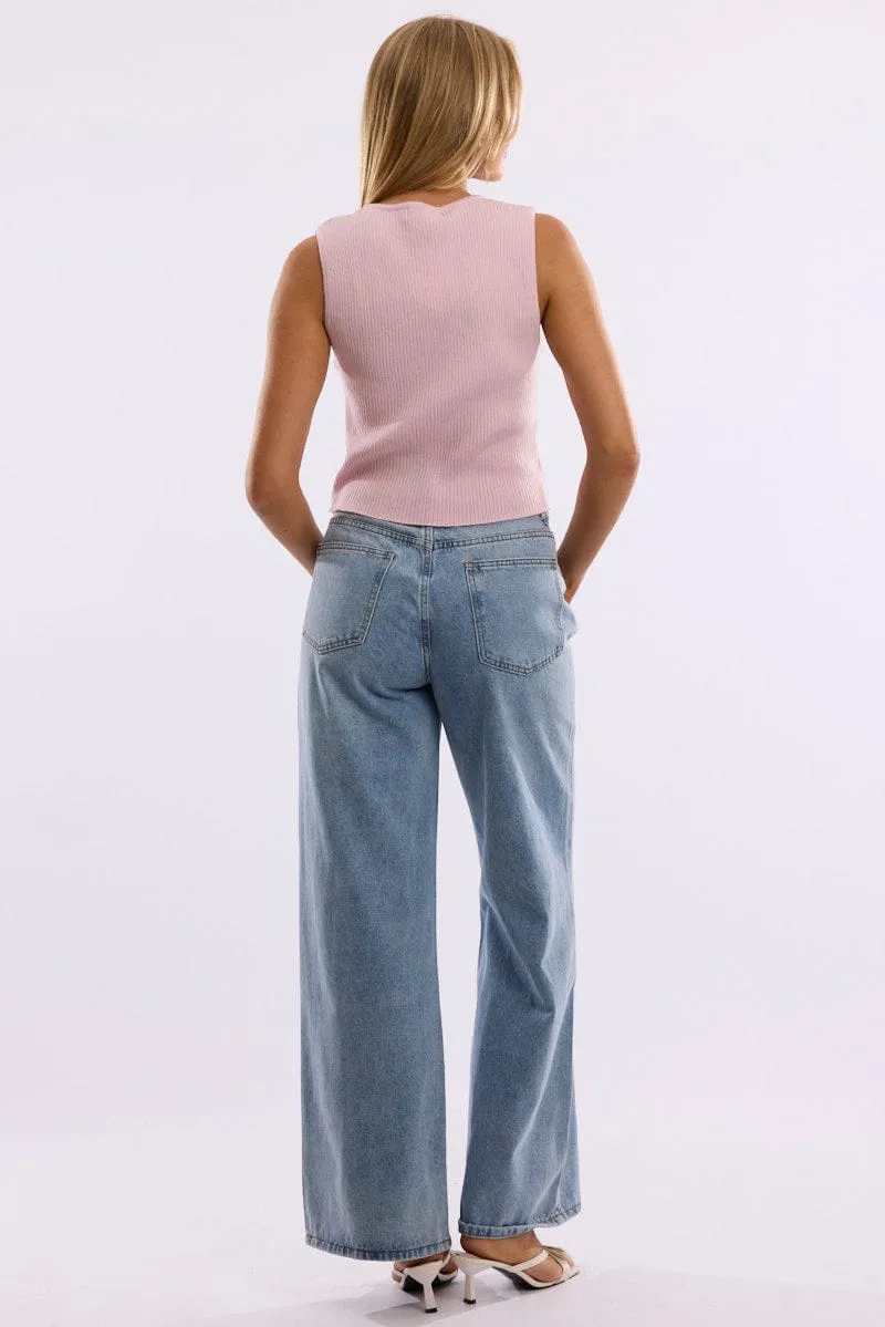 Denim Wide Leg Jeans Mid Rise