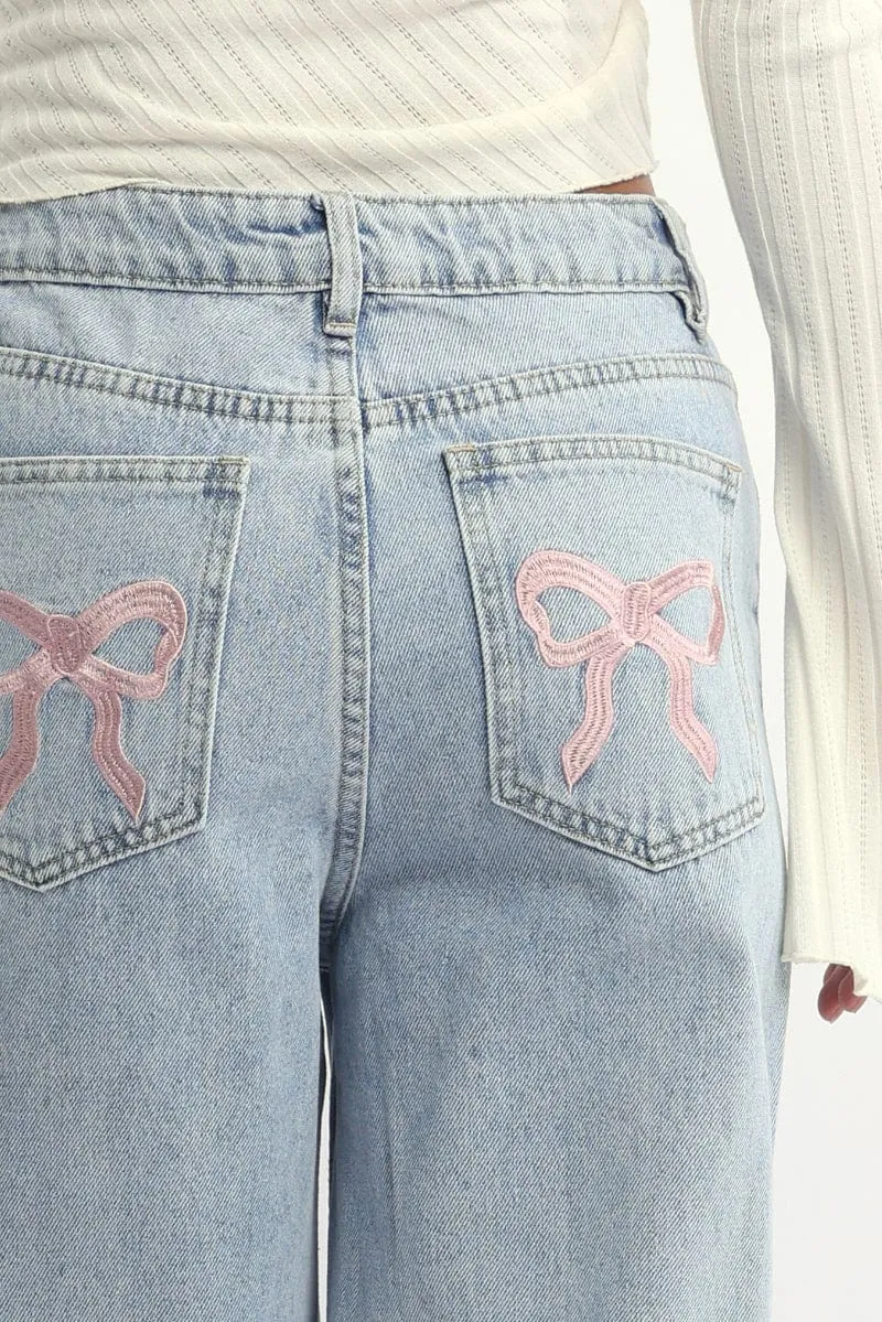 Denim Wide Leg Jeans Ribbon Pocket