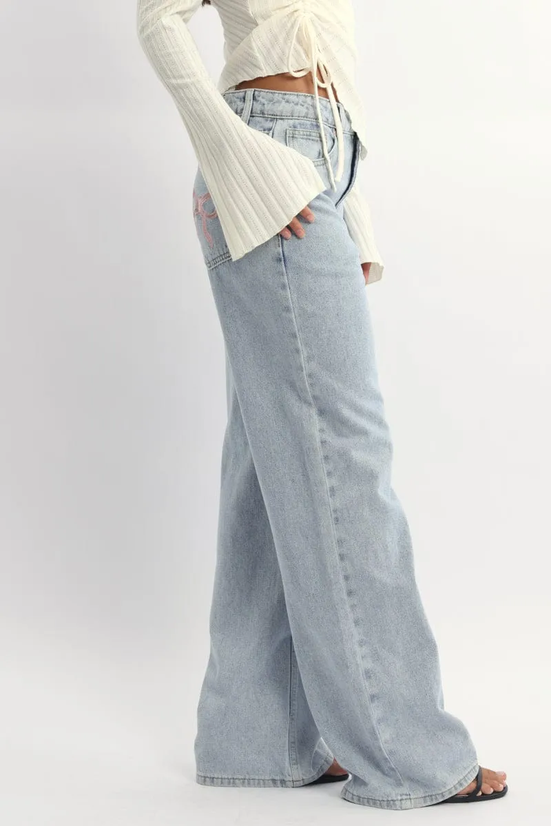 Denim Wide Leg Jeans Ribbon Pocket