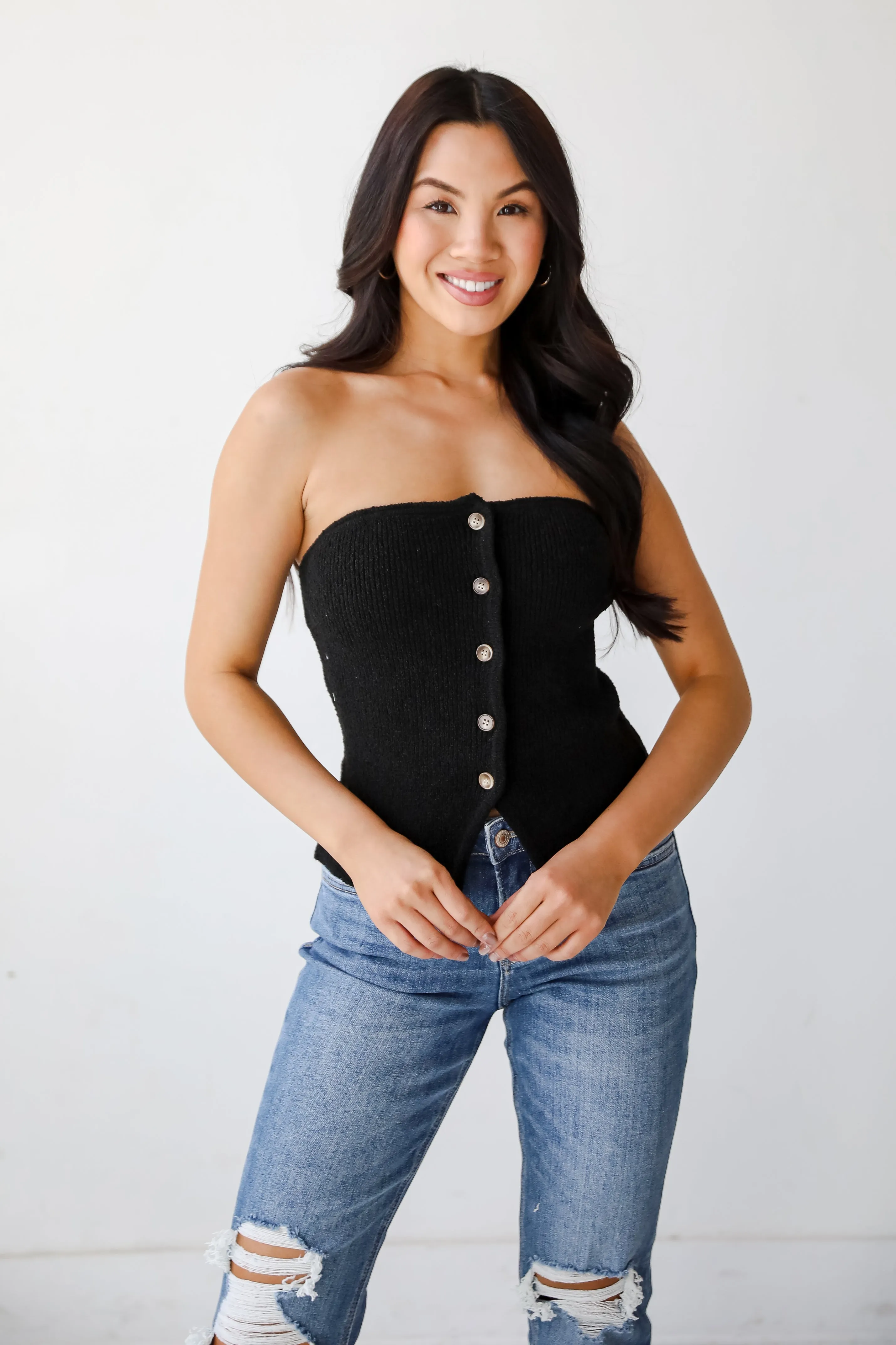 Effortless Bliss Black Knit Strapless Top