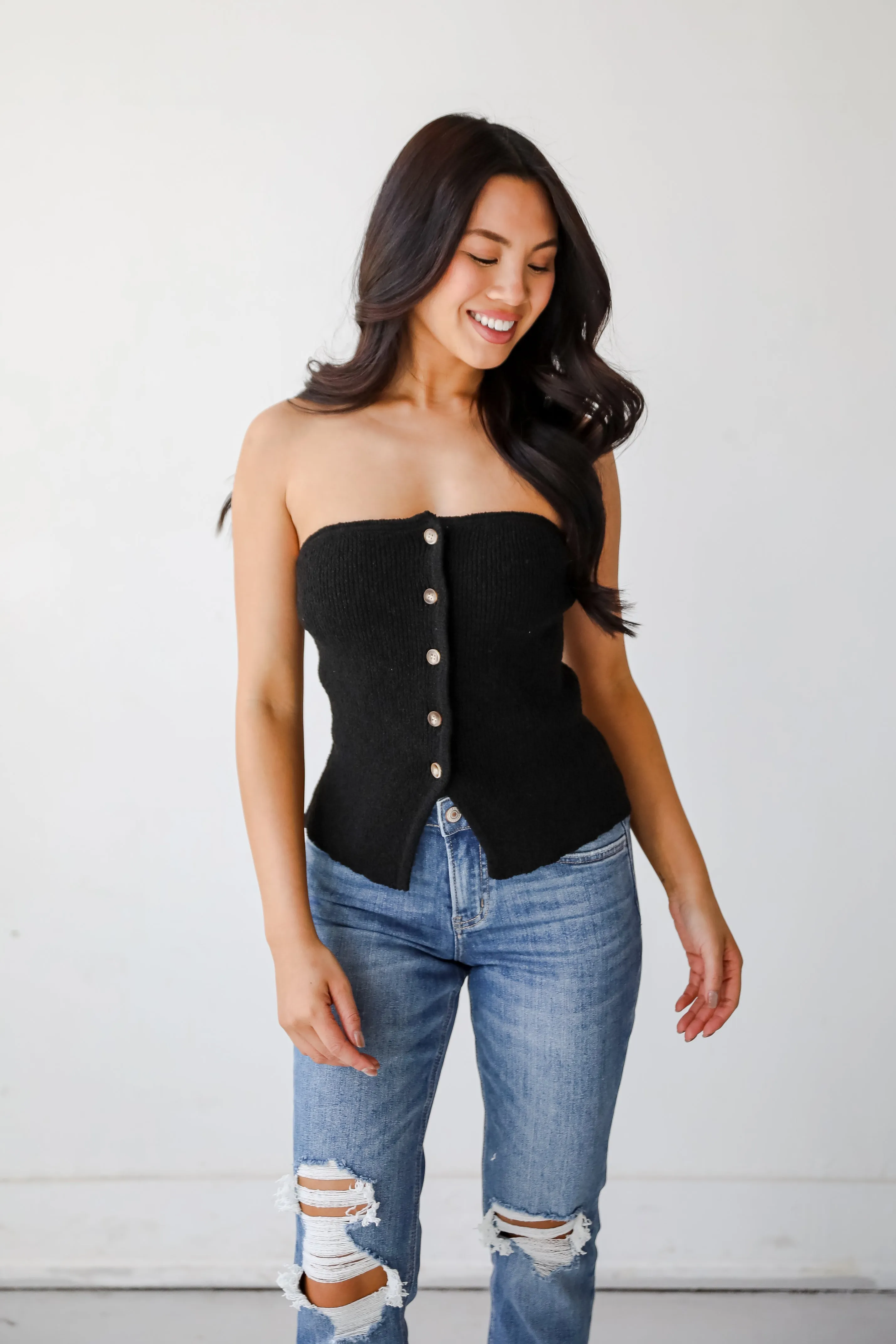 Effortless Bliss Black Knit Strapless Top