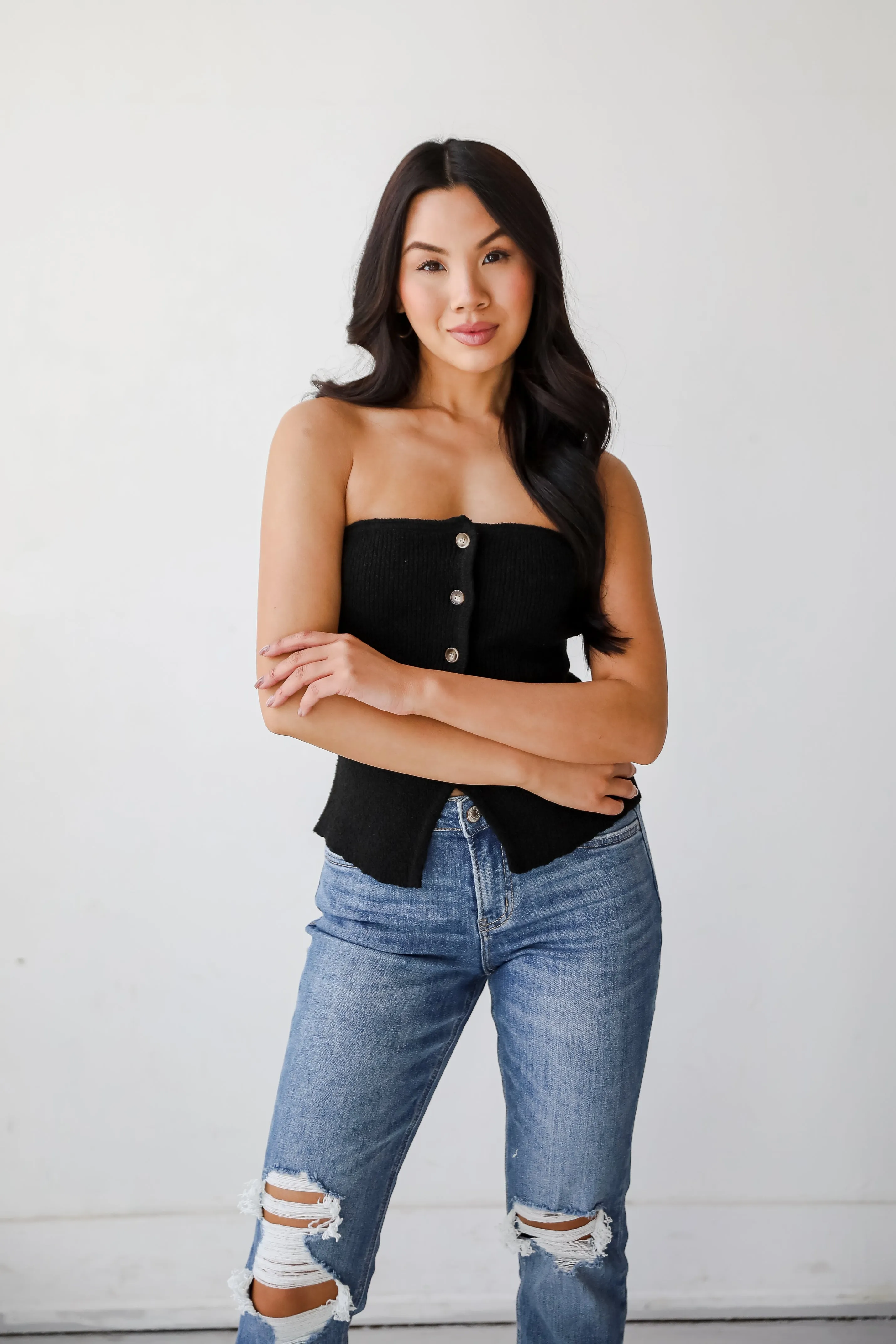 Effortless Bliss Black Knit Strapless Top
