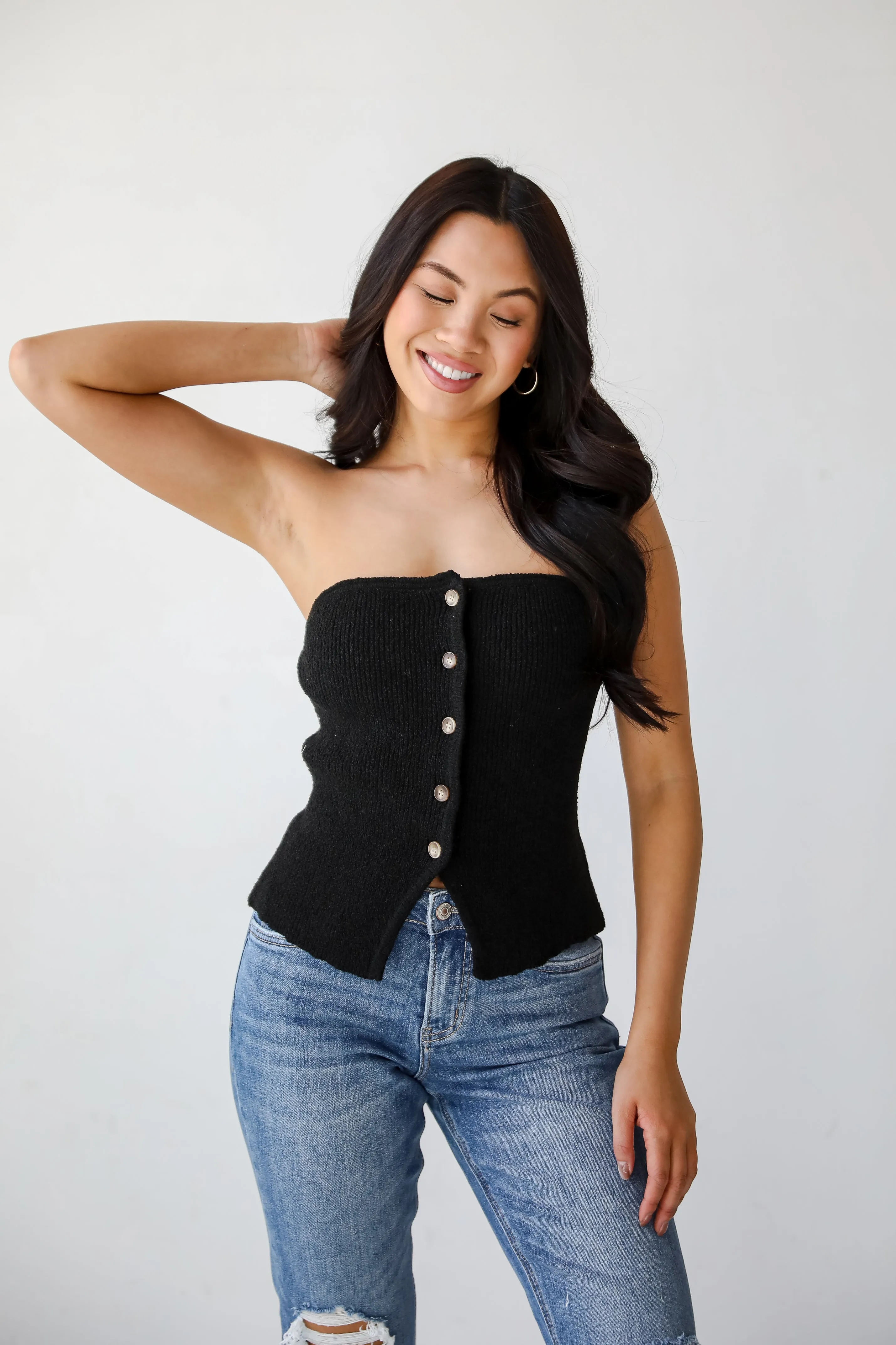 Effortless Bliss Black Knit Strapless Top