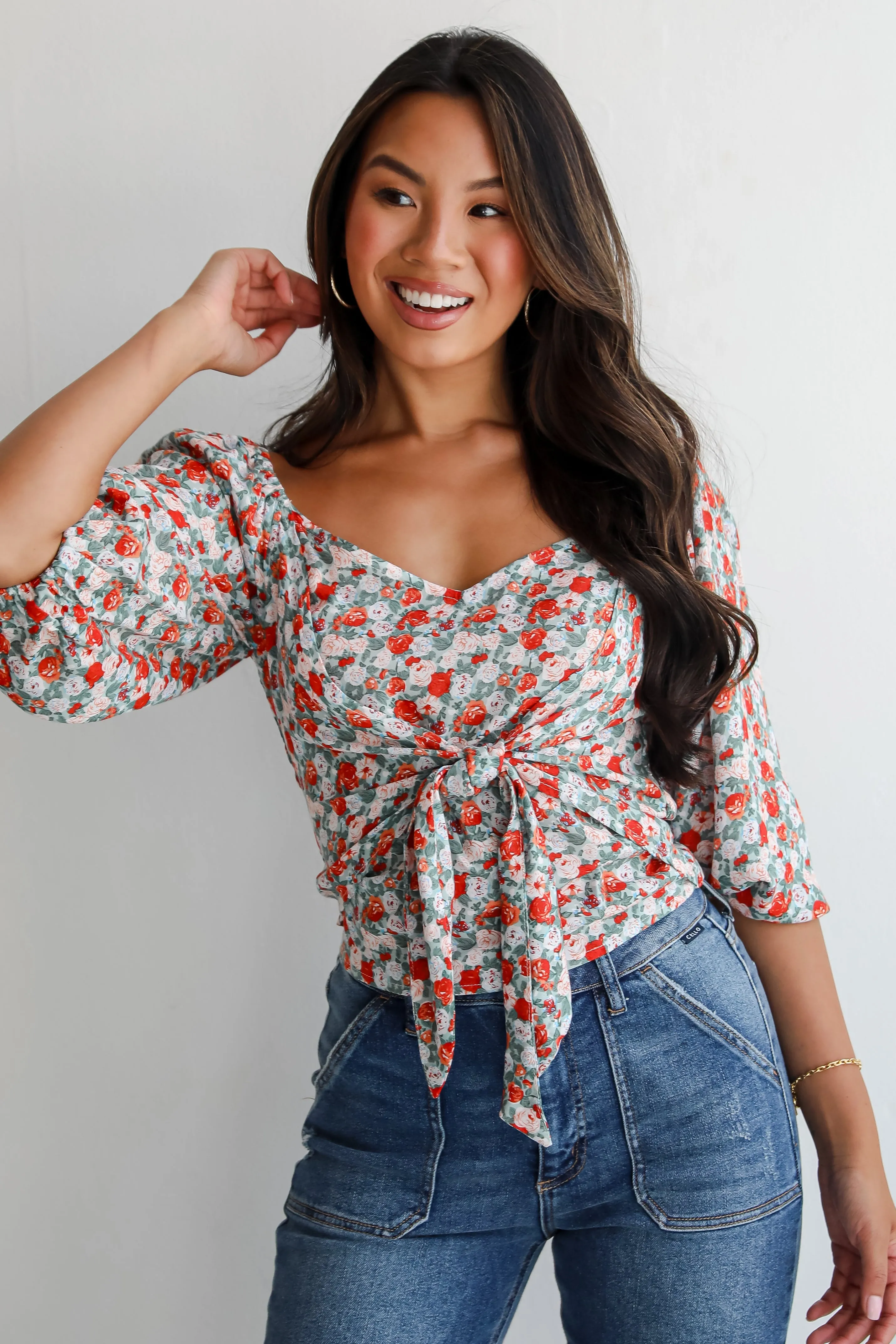 FINAL SALE - Lovely Attitude Sage Floral Cropped Blouse