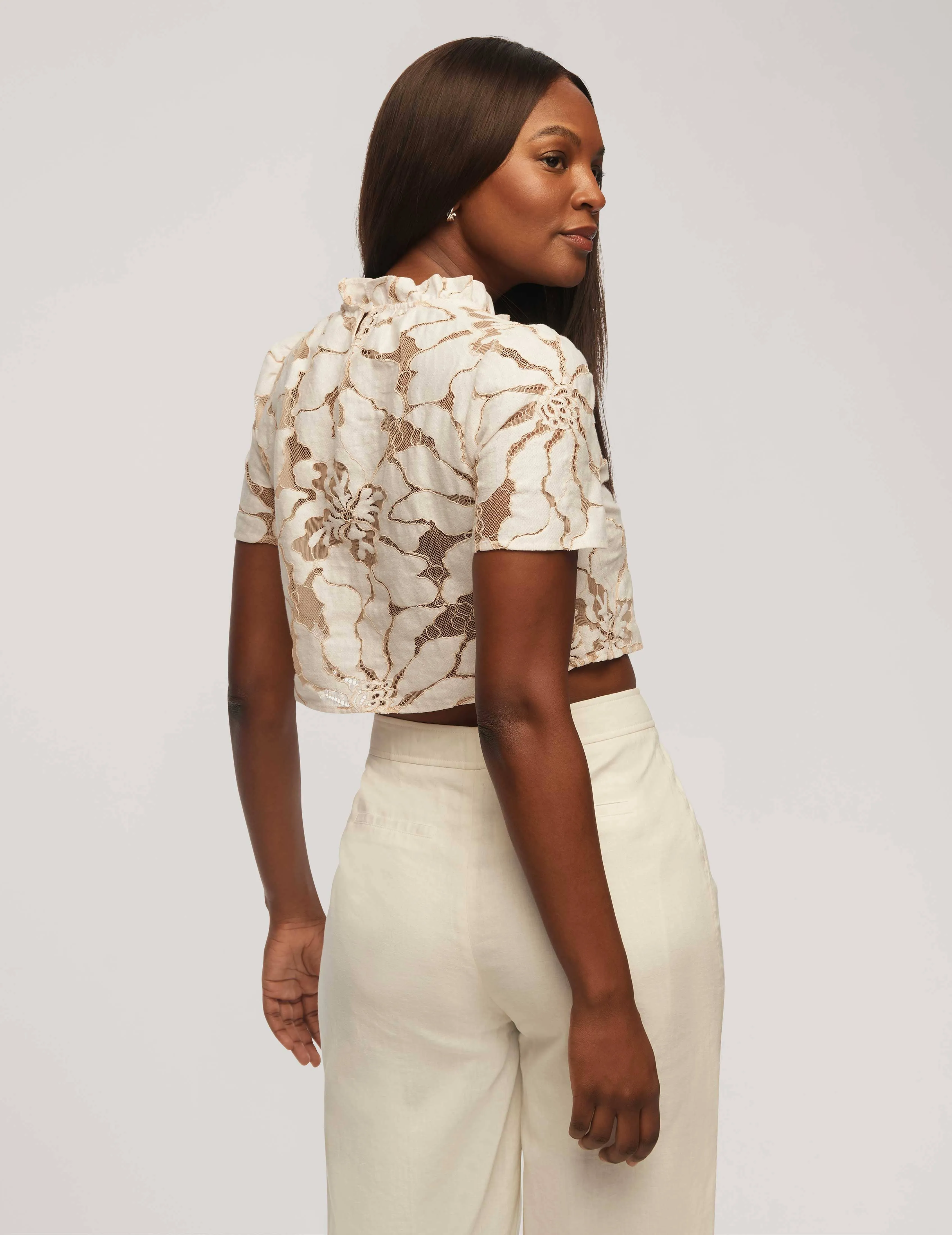 Floral Embroidered Lace Cropped Blouse  - Sale