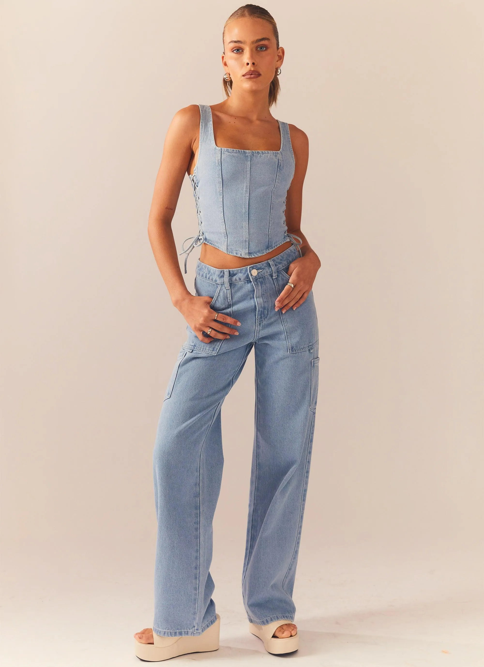 Giddy Up Denim Bustier Top - Subdued Blue