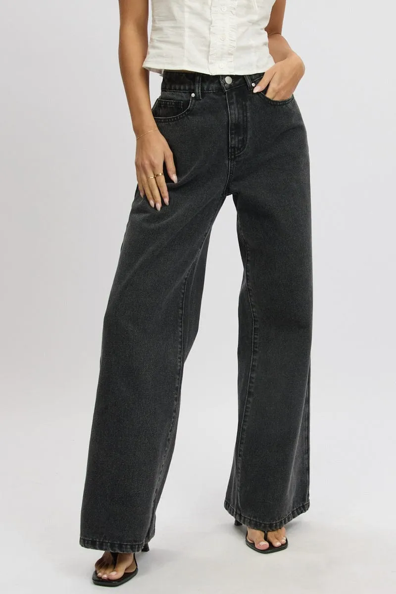 Grey Wide Leg Jeans Mid Rise