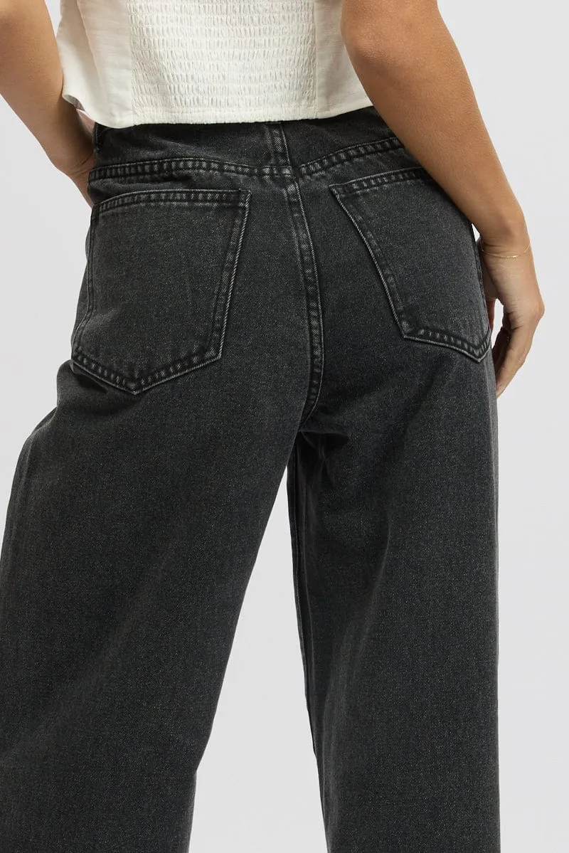 Grey Wide Leg Jeans Mid Rise