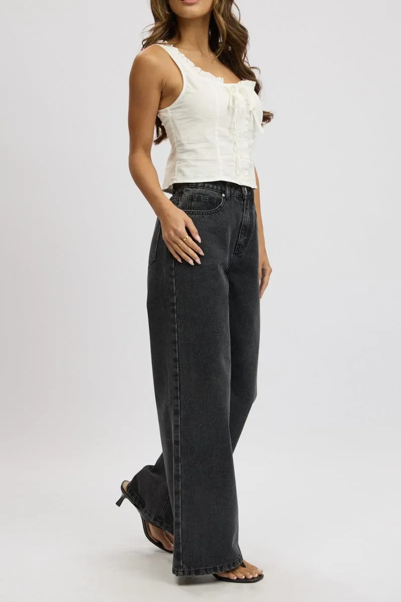 Grey Wide Leg Jeans Mid Rise