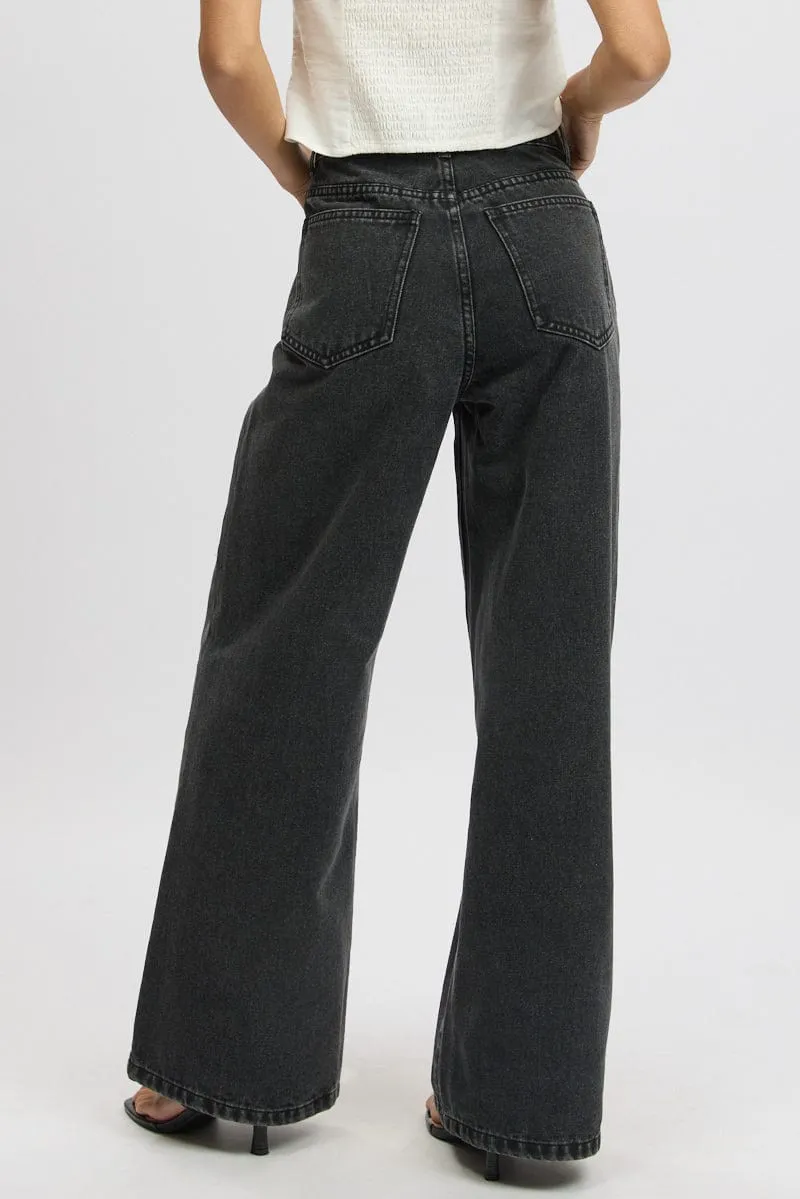 Grey Wide Leg Jeans Mid Rise