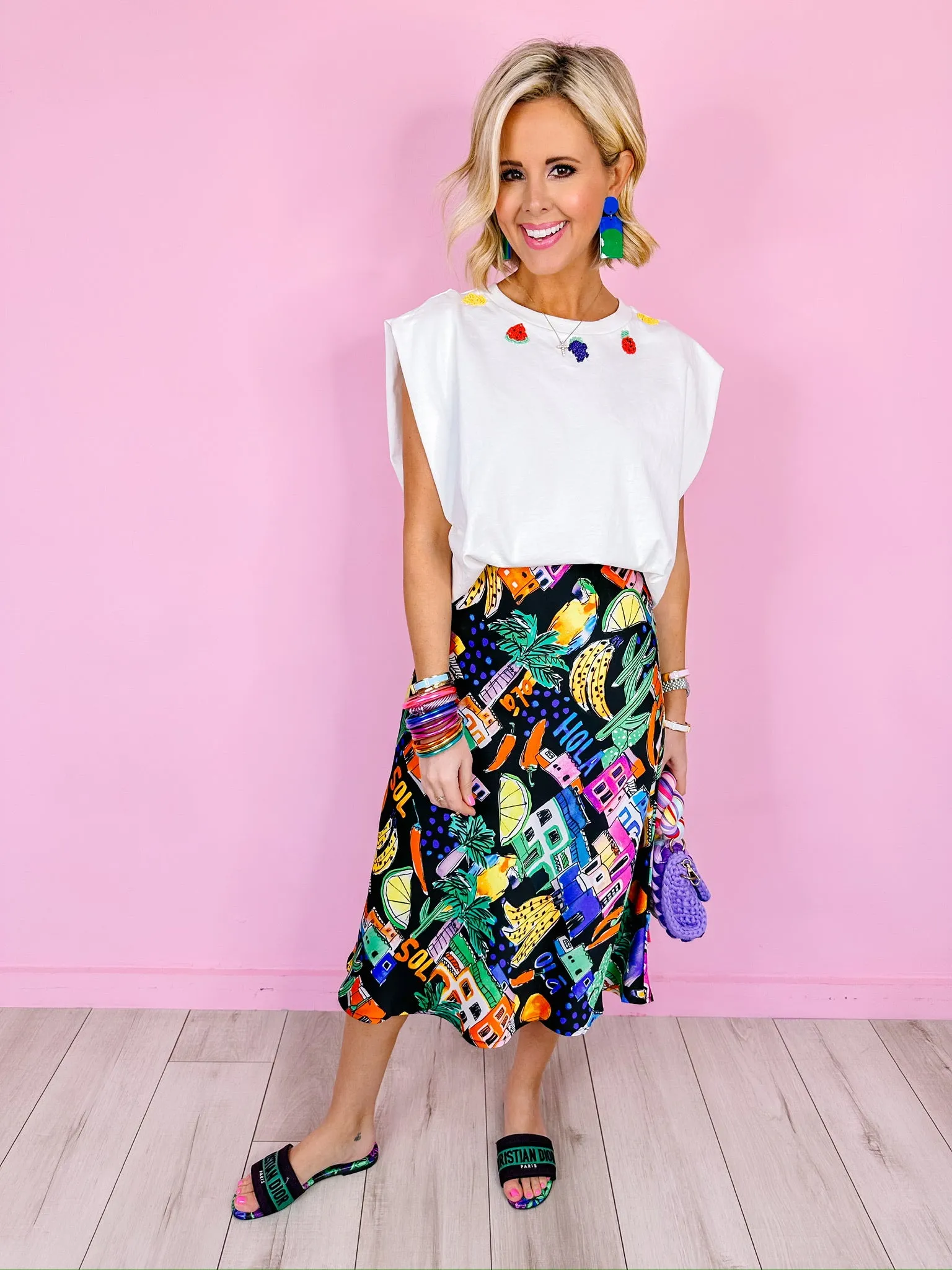 LALA BEADED FRUIT MUSCLE TEE - WHITE