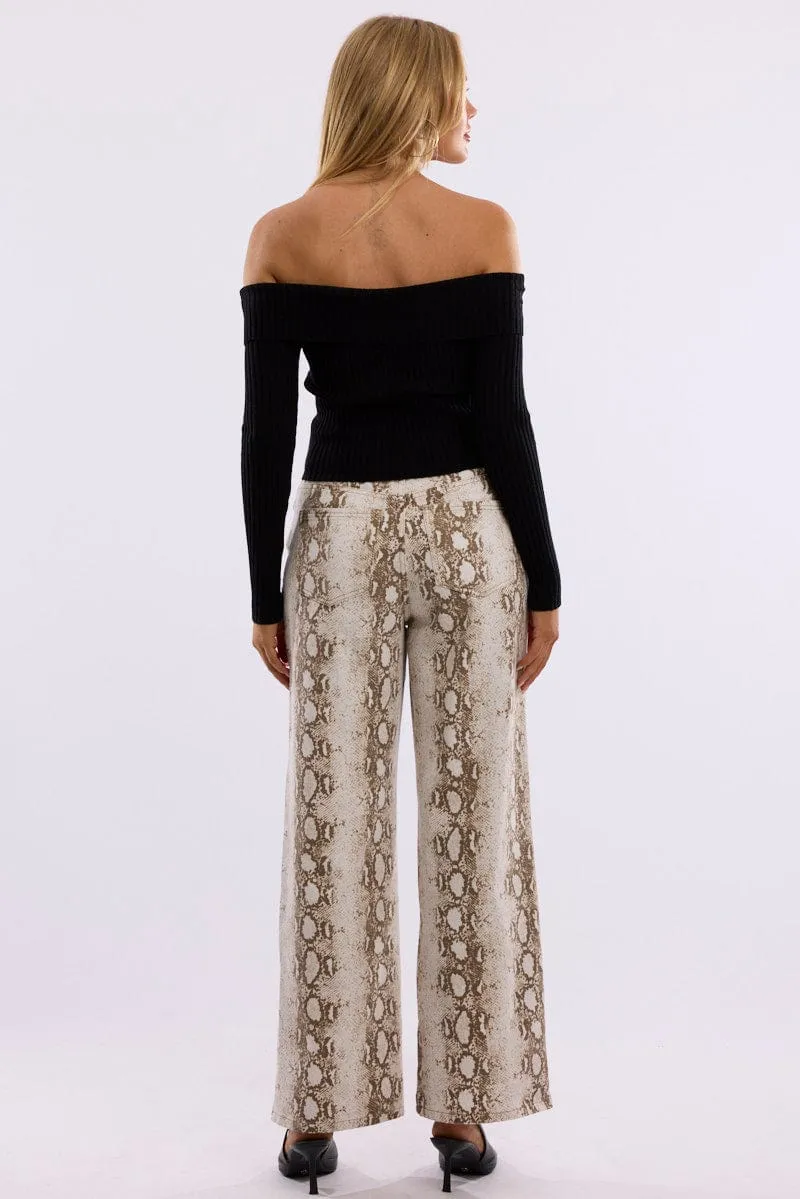 Multi Animal Print Wide Leg Jeans Mid Rise