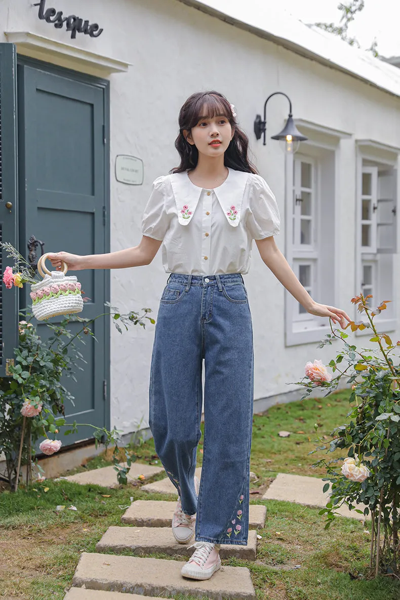 Tulip Tips Embroidered Jeans (2 Colors)