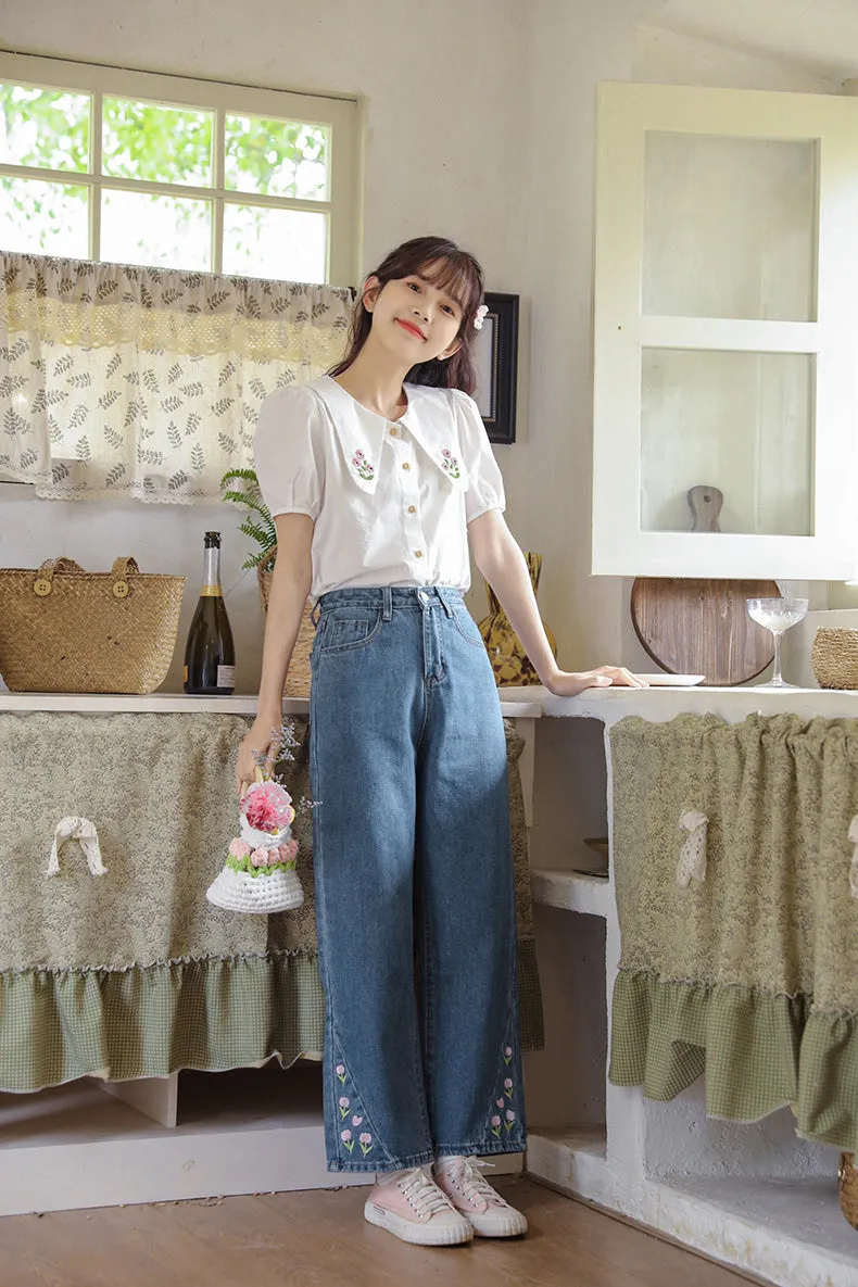 Tulip Tips Embroidered Jeans (2 Colors)