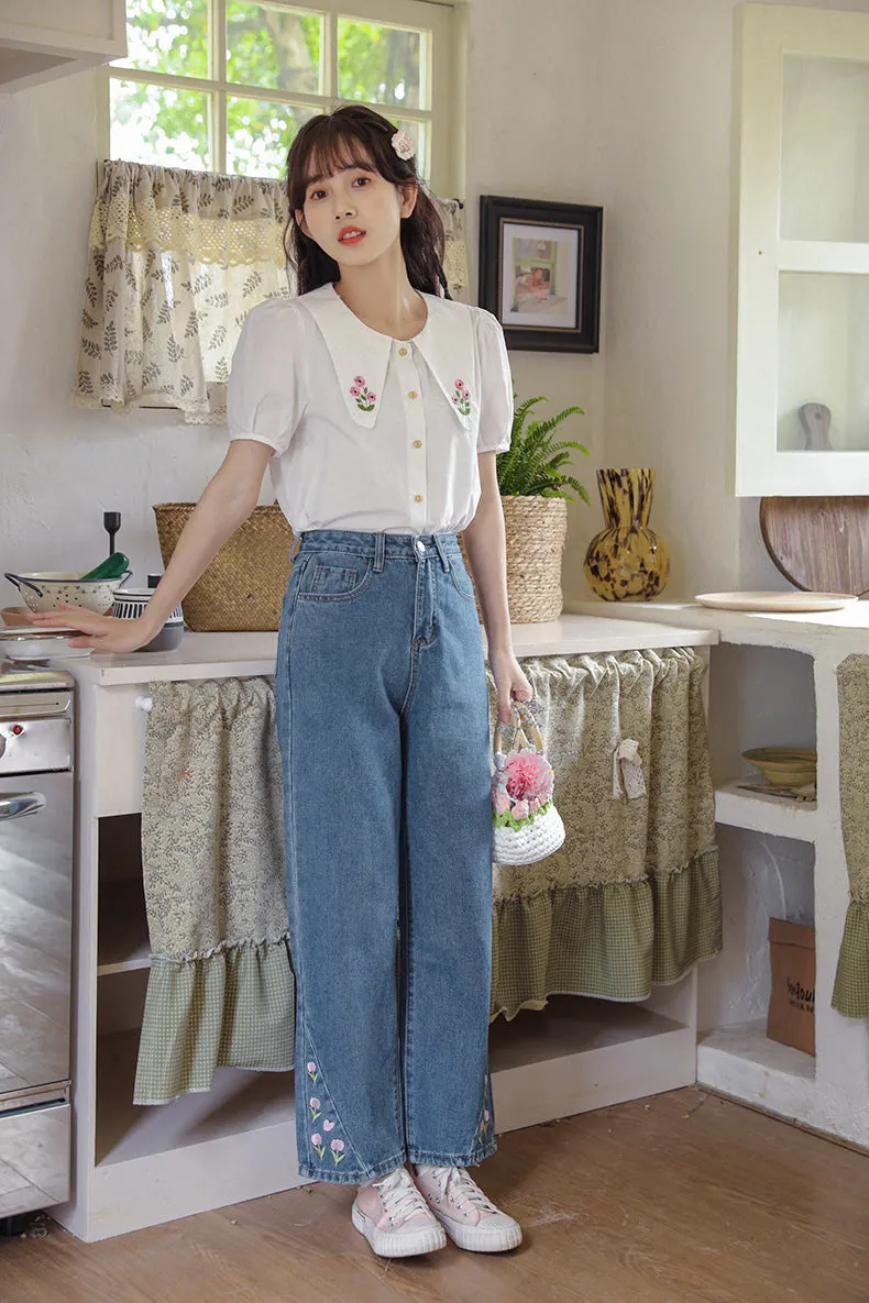 Tulip Tips Embroidered Jeans (2 Colors)
