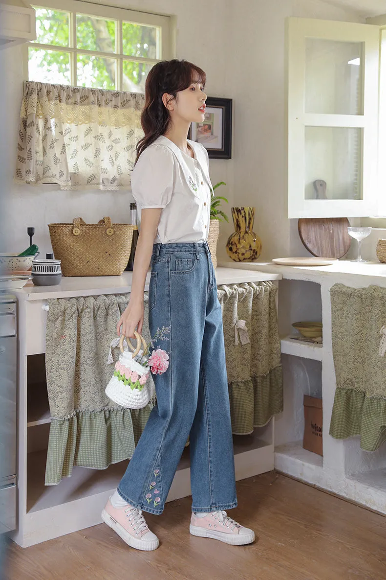 Tulip Tips Embroidered Jeans (2 Colors)