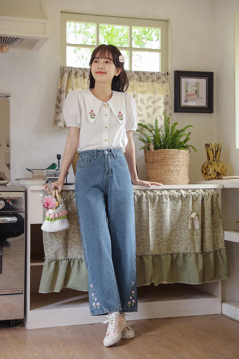 Tulip Tips Embroidered Jeans (2 Colors)