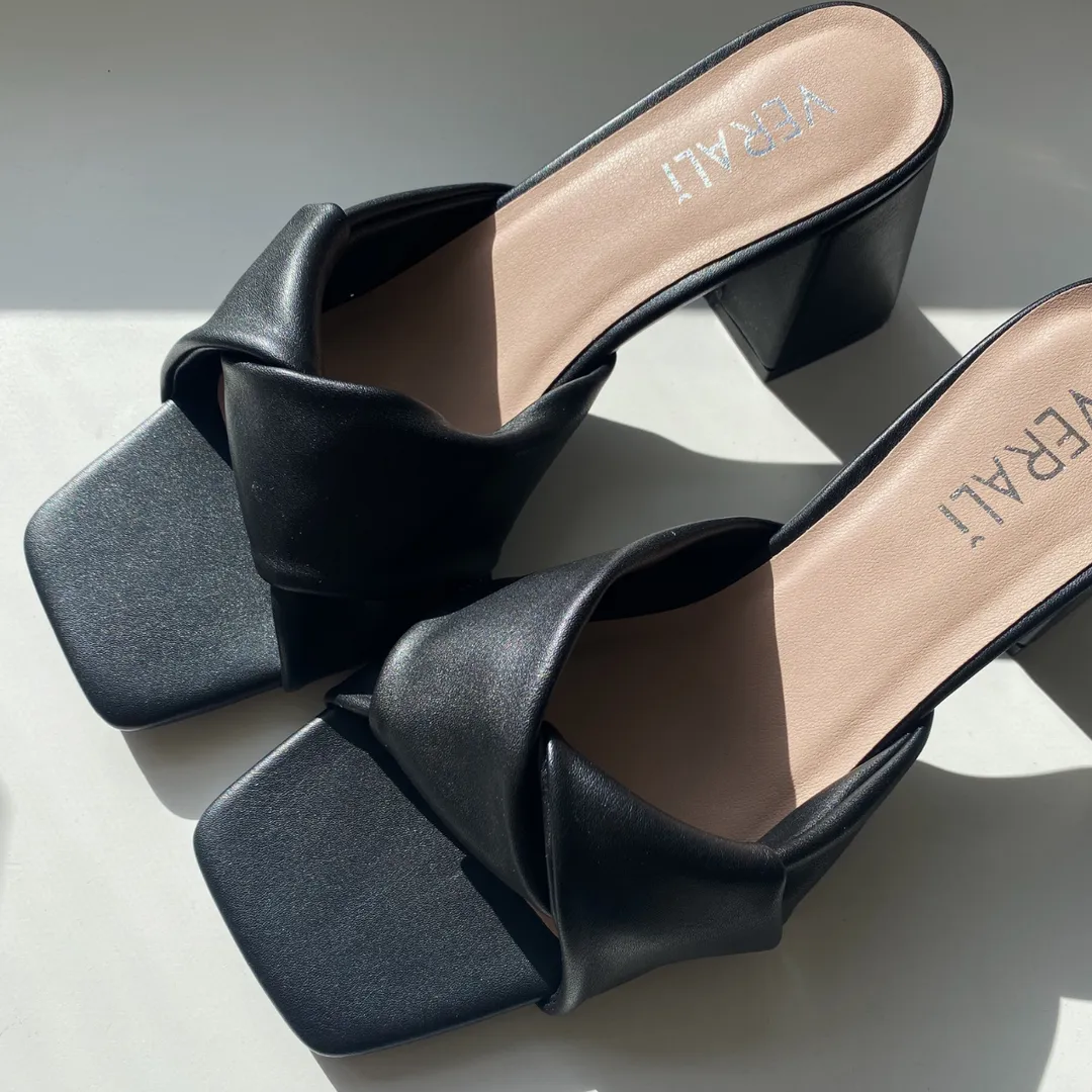 Verali Stella Block Heel Mules Black Smooth