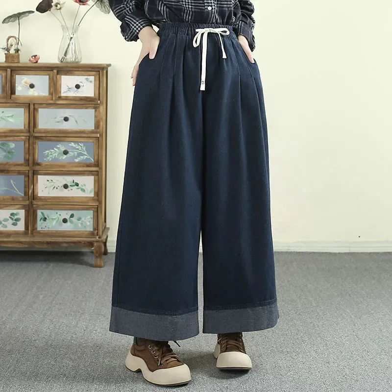 Women Spring Retro Solid Color Elastic Waist Wide-Leg Jeans