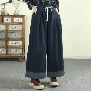 Women Spring Retro Solid Color Elastic Waist Wide-Leg Jeans