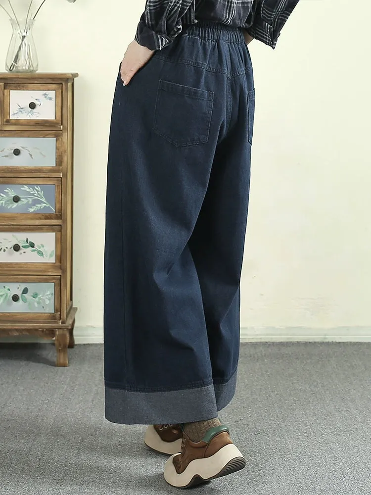Women Spring Retro Solid Color Elastic Waist Wide-Leg Jeans